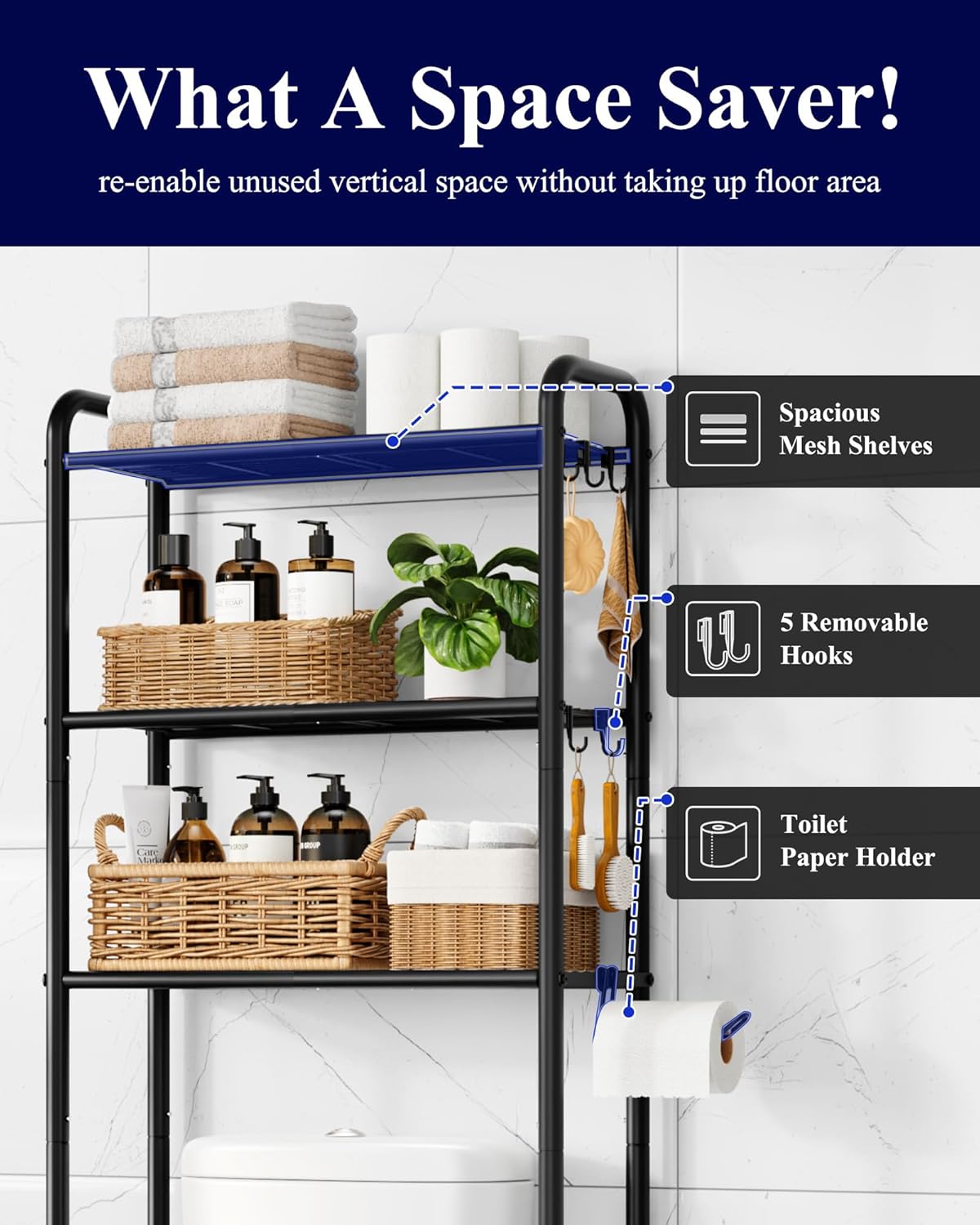 Kitsure Over Toilet Storage Rack - Metal Bathroom Organizer Shelf with Hooks & Paper Holder | Black, 3 Tiers (63.2" H)