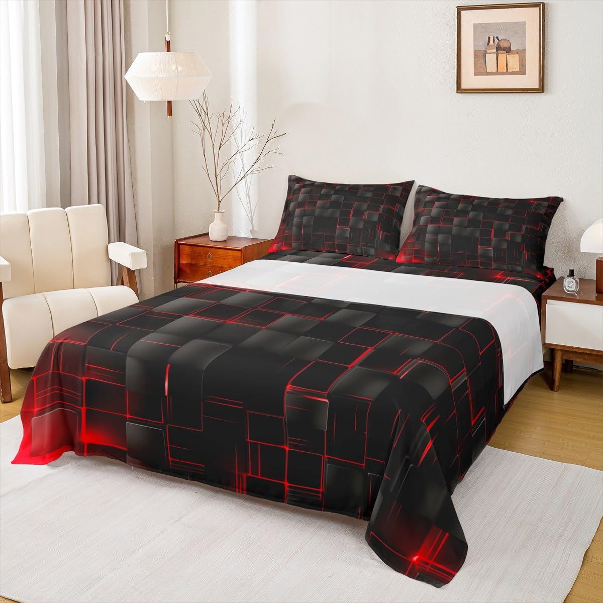 Manfei Abstract Sheet Set Full Size, Modern Geometric Square Grid Bedding Set for Kids Boy Girl Room Decor, Red and Black Bed Sheet Set 4pcs with Deep Pocket Fitted Sheet + Flat Sheet + 2 Pillowcases