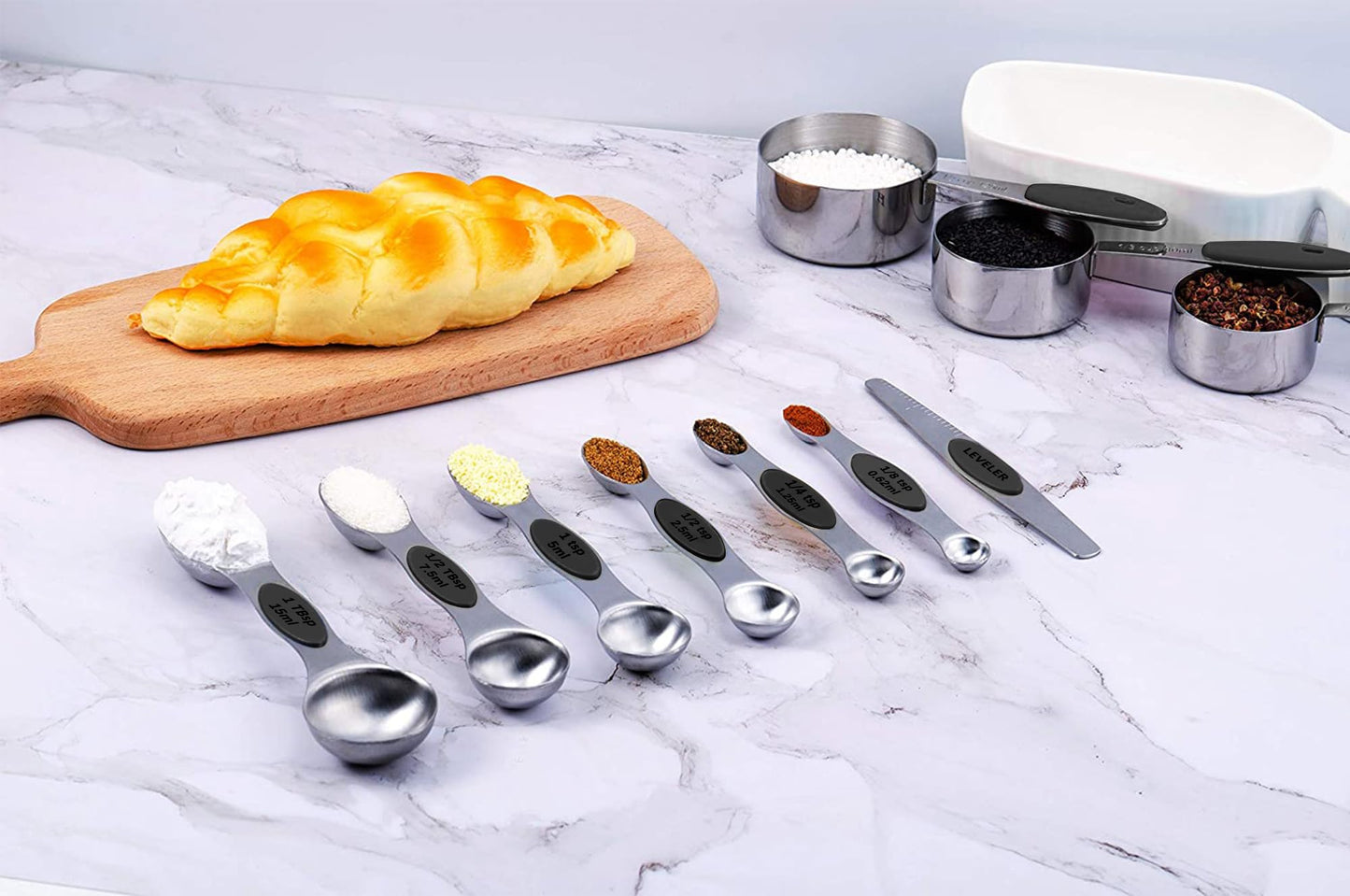 TILUCK magnetic measuring spoons set and measuring cups, stainless steel measuring cups, 6 double-sided stainless steel measuring spoons & 1 leveler (13)