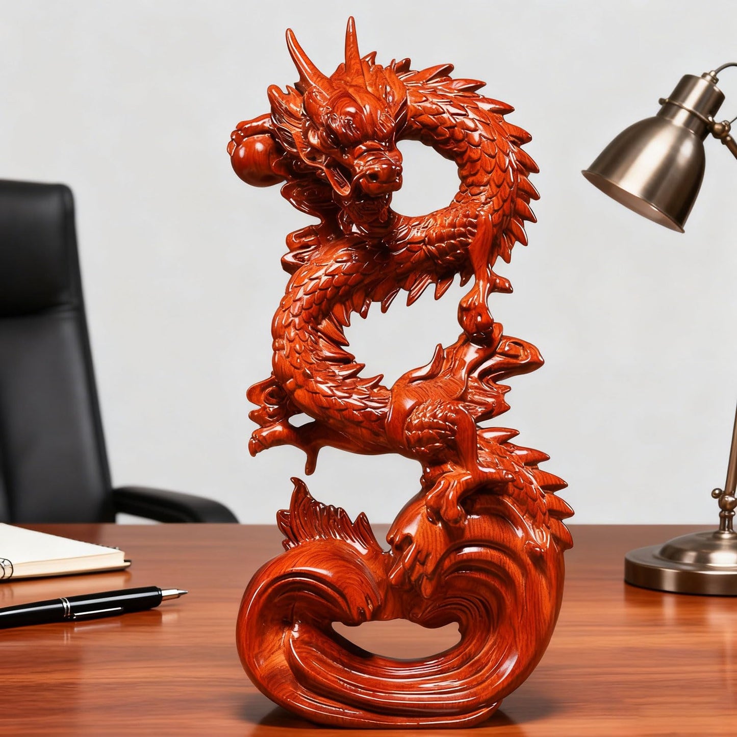 Otjidku Feng Shui Dragon Statue- Chinese Dragon on Wood Sculpture Figurine Ornament Attract Wealth and Good Luck Office Home Decor (Red) (7 Inch)