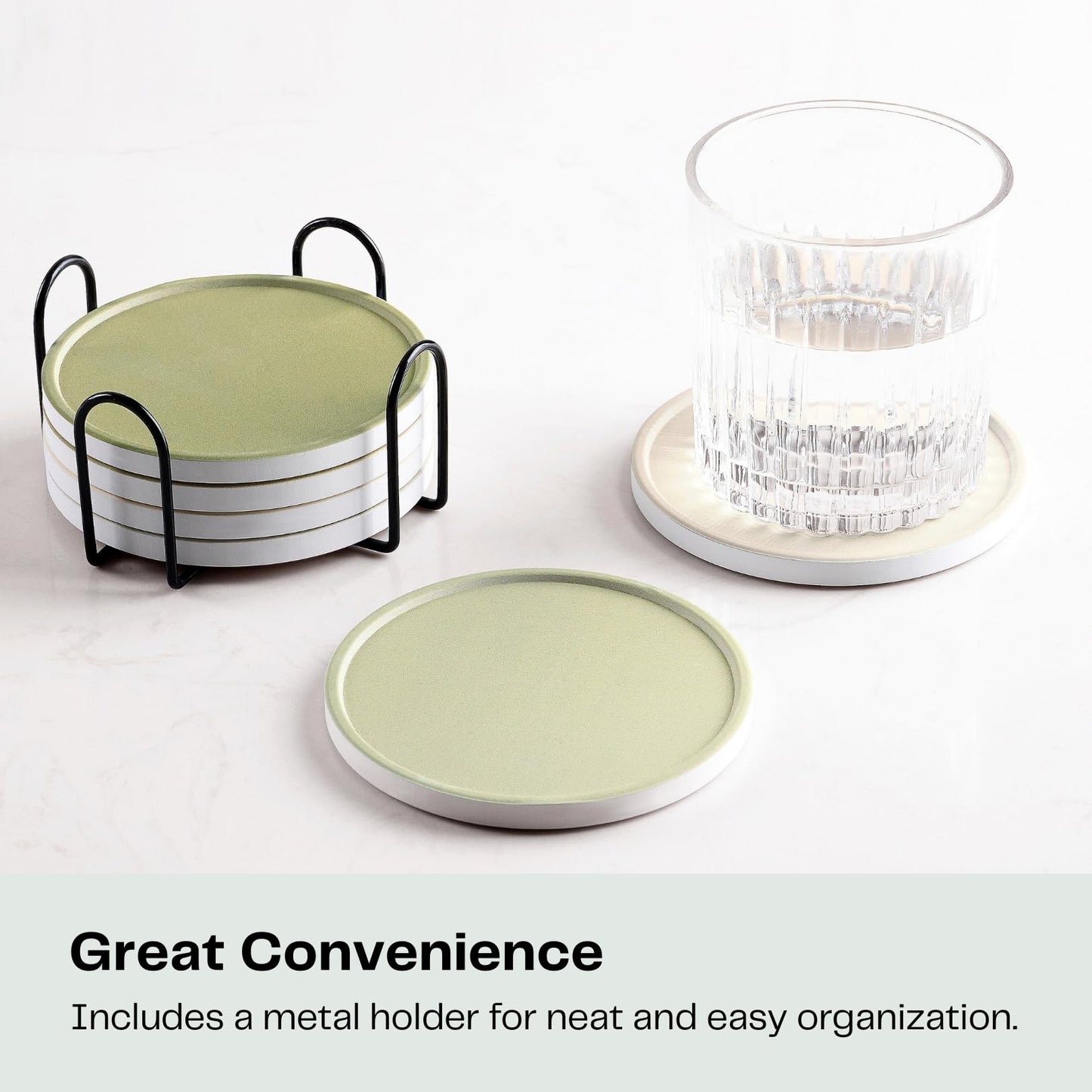 Hoomey Set of 6 Beige and Green Coasters with Holder, Absorbent Ceramic Drink Coasters with Cork Backing for Table Protection, Table Decor, Housewarming Gifts