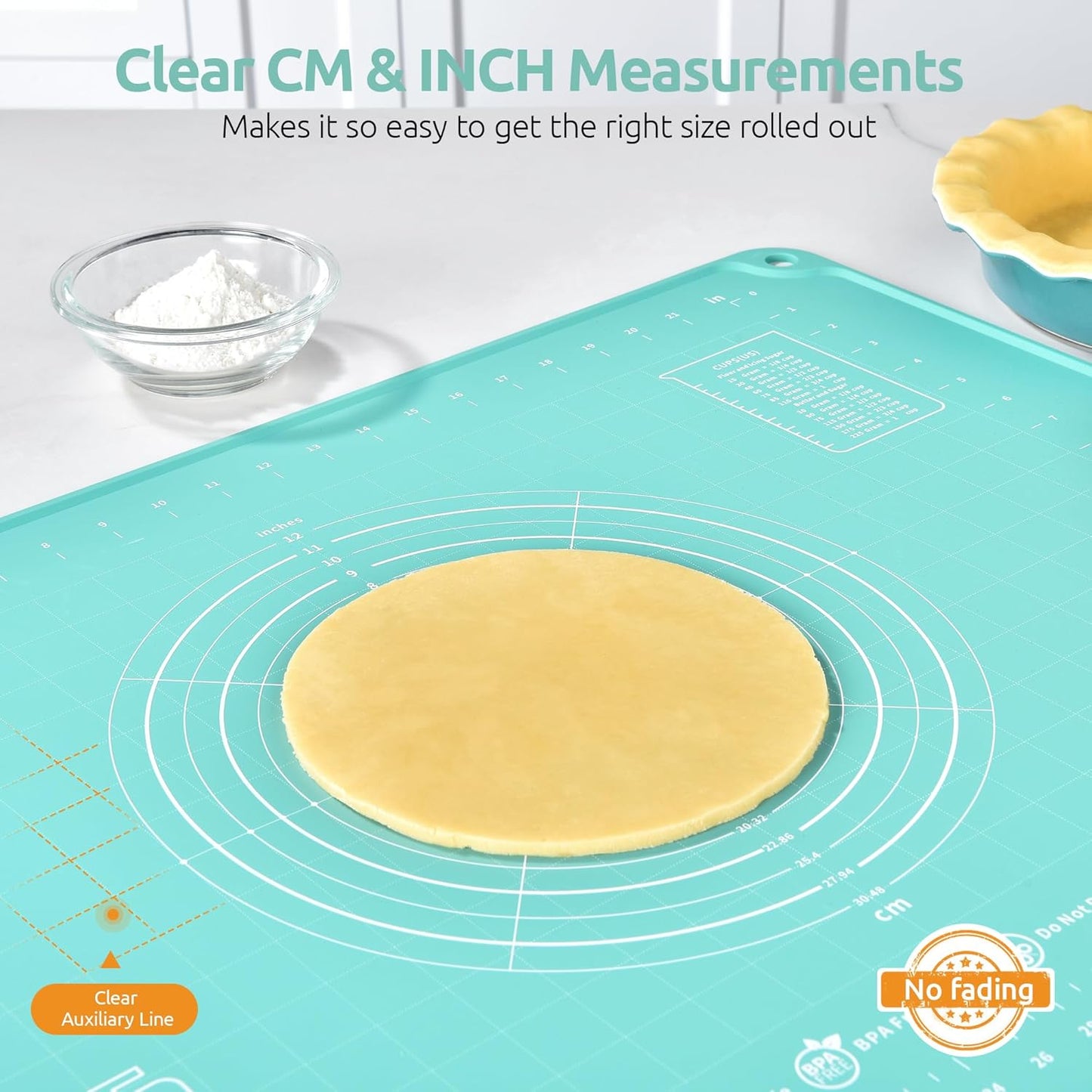 U-Taste Large Pastry Mat - 28"x20" Food-Grade Silicone Baking Sheet with Non-Stick Surface & Clear Measurements (Aqua Sky)