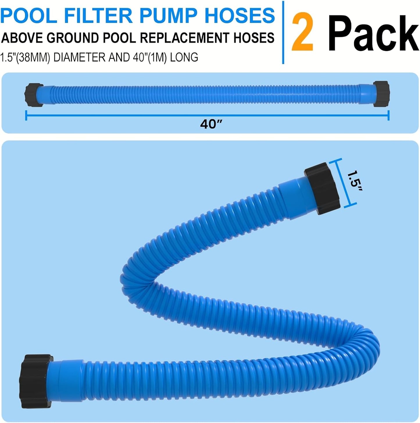 Skiennix Pool Hose Replacement - 1.5" x 40" | Pack of 2 for Above Ground Pools & Saltwater Systems