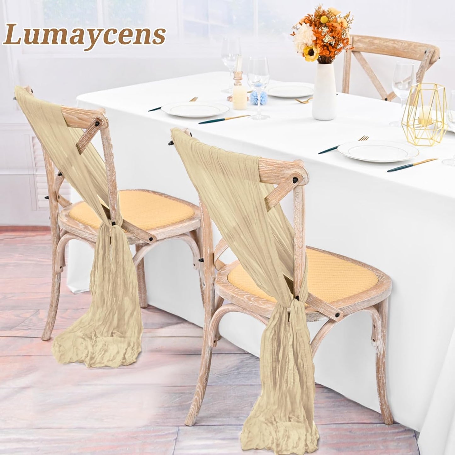 Skiennix 50 PCS Cheesecloth Chair Sashes - Elegant Beige Bows for Wedding & Event Decor