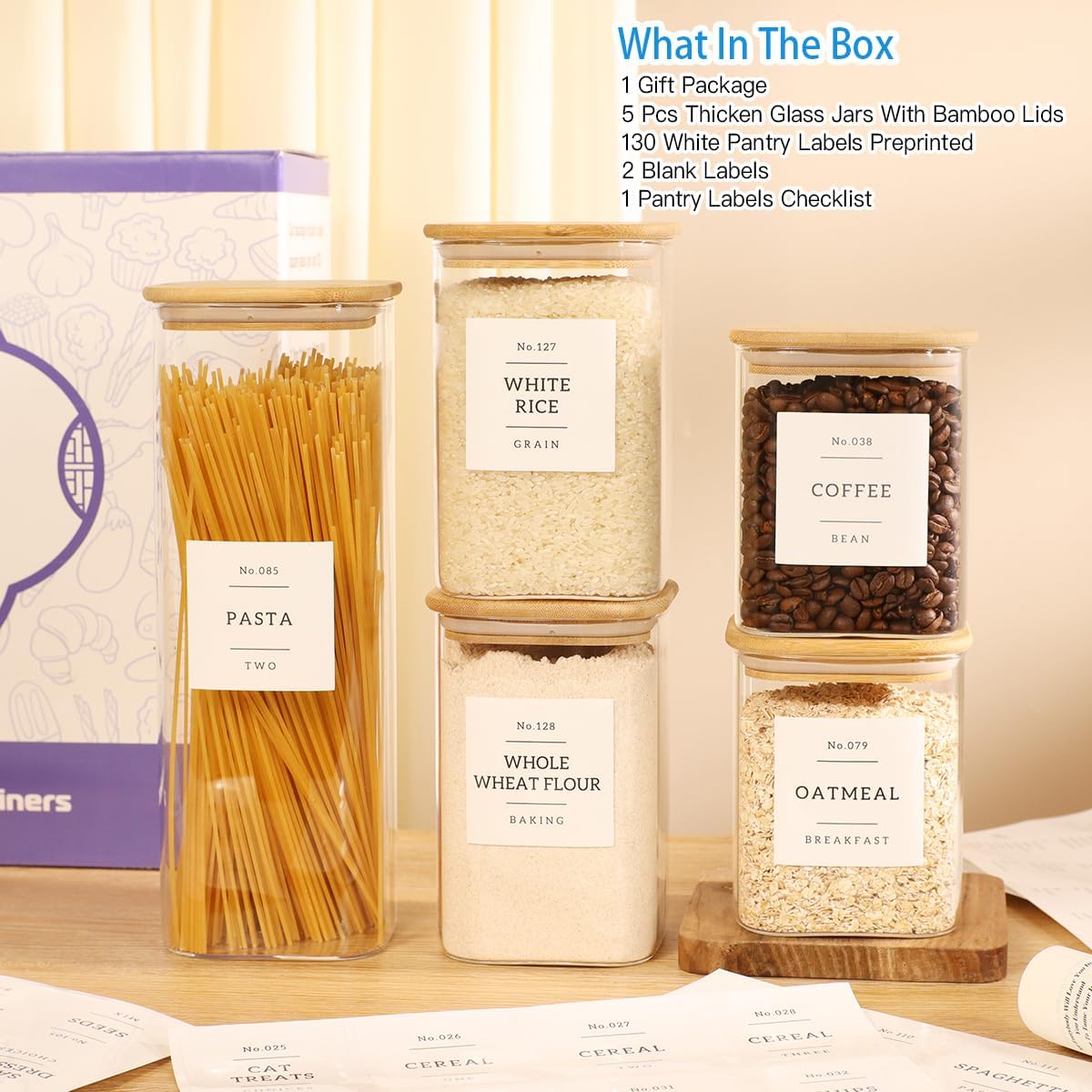 Square Glass Pantry Storage Containers by [Brand Name] - 5 Pack with Airtight Bamboo Lids & 132 Labels | Ideal for Pasta, Cereal, Coffee, Flour, Sugar