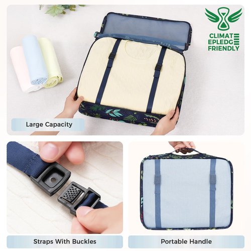 BAGAIL Packing Cubes Set - 8 Travel Organizers for Efficient Luggage Packing | Navy Leaf Design