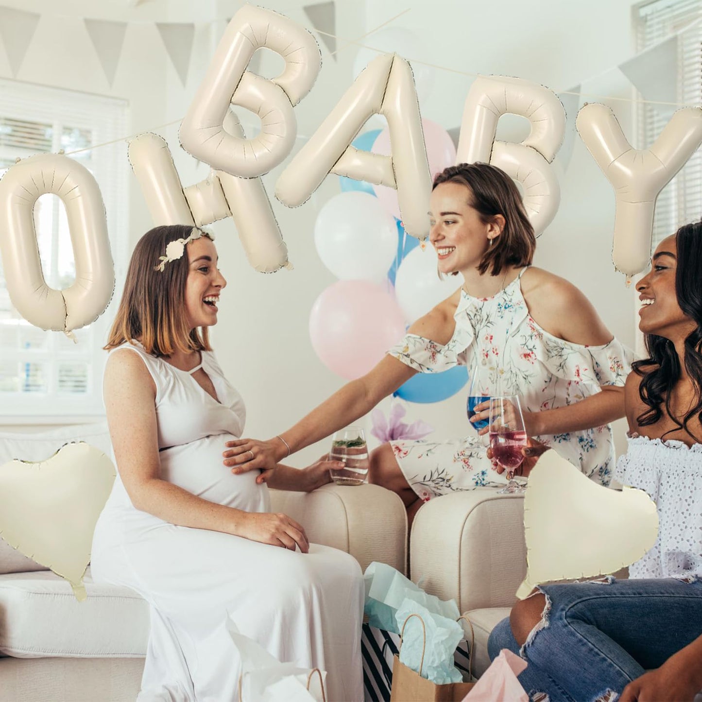Baby Shower Decorations 8 Set 40 Inch OH BABY Letter Heart Balloons Giant Ice Cream White Foil Balloon Alphabet Banner for Gender Reveal Boho Decor Boy and Girl Neutral Ivory Backdrop Party Decoration