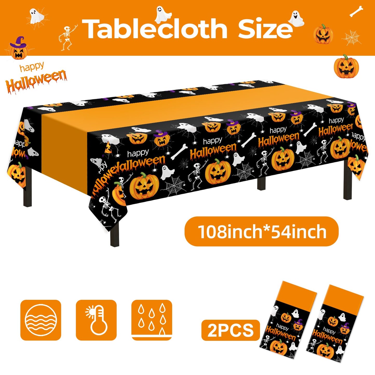 Childom 2 Pack Halloween Tablecloth,Halloween Decorations 54x108 Inch Disposable Plastic Table Cover for Rectangle,Pumpkin Spider Web Ghost Table Cloth for Home Indoor Outdoor Birthday Party Supplies
