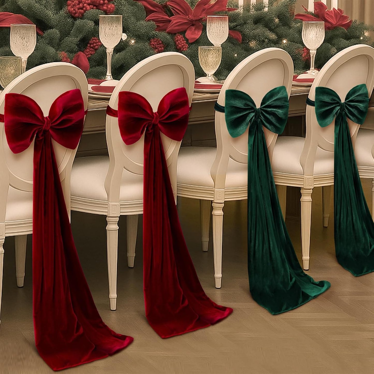 Suncalla Velvet Chair Bows - 4 Pcs Red & Green 12 x 43 Inch Elegant Sashes for Weddings & Parties