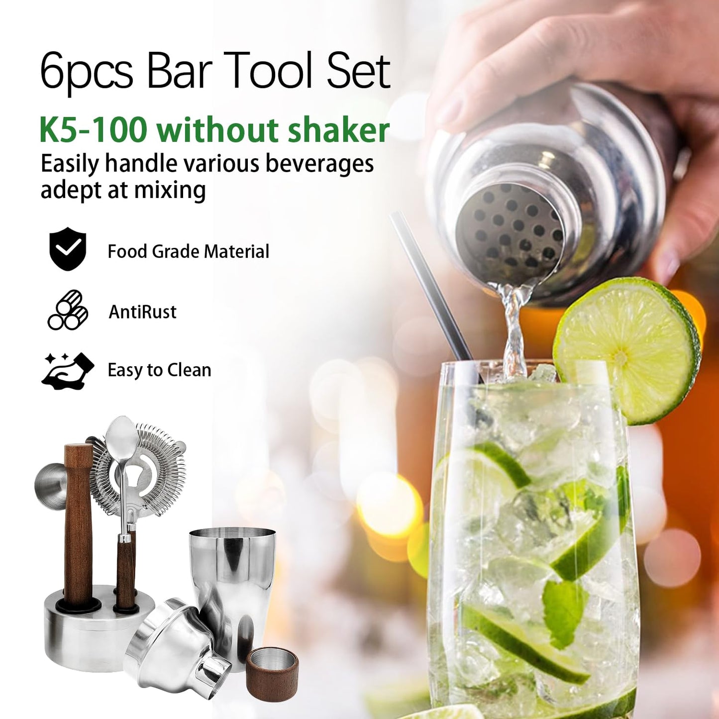 WELESHEI 6 PCS Bar Tool Set Stainless Steel Cocktail Shaker Kit With Muddler, Double Jigger, Mixing Spoon, Strainer & Matte Round Stand Bartender Essentials Barware For Home Bar Party & Celebration