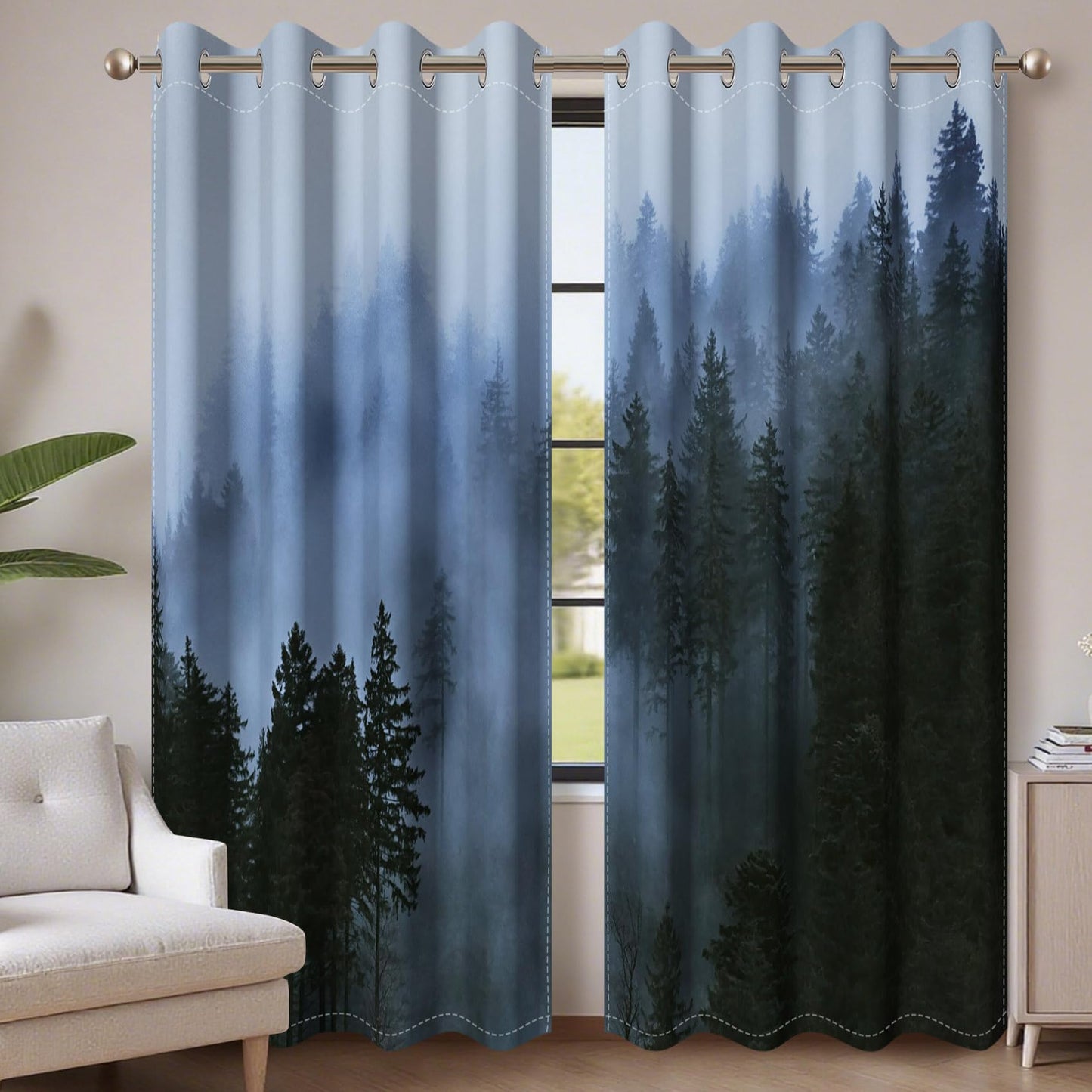 AWERT Blackout Curtains for Bedroom Light Blue Tree with Fog Nature Forest Curtains 2 Panels for Living Room Heat Blocking 42x84inch