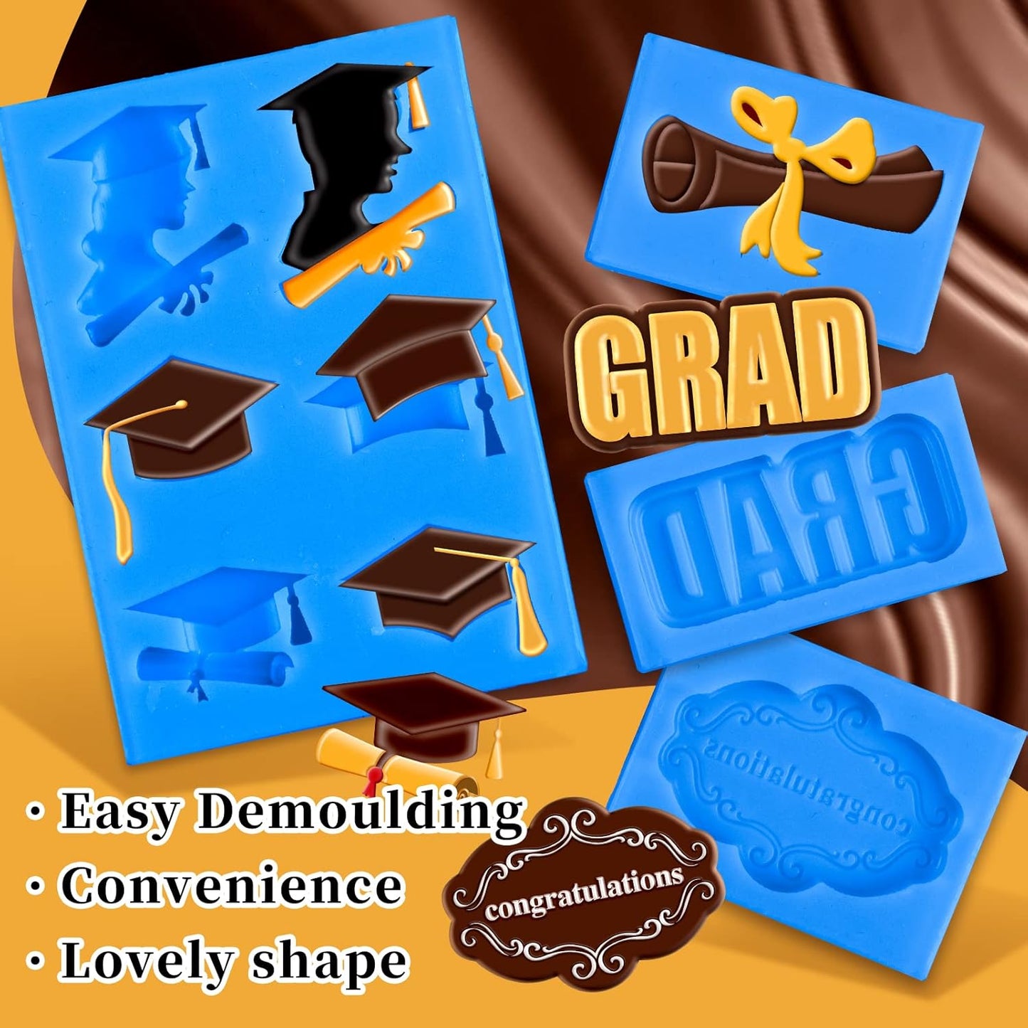 Whaline Graduation Mini Fondant Molds - 4 Pack Silicone Caps & Diplomas for Cake Decorations | Blue