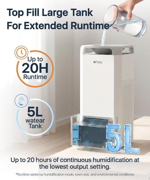 Afloia Humidifier - 2-in-1 Mist-Free Evaporative Humidifier & Air Purifier | 5L Top Fill Tank, Humidity Sensor, 24H Timer