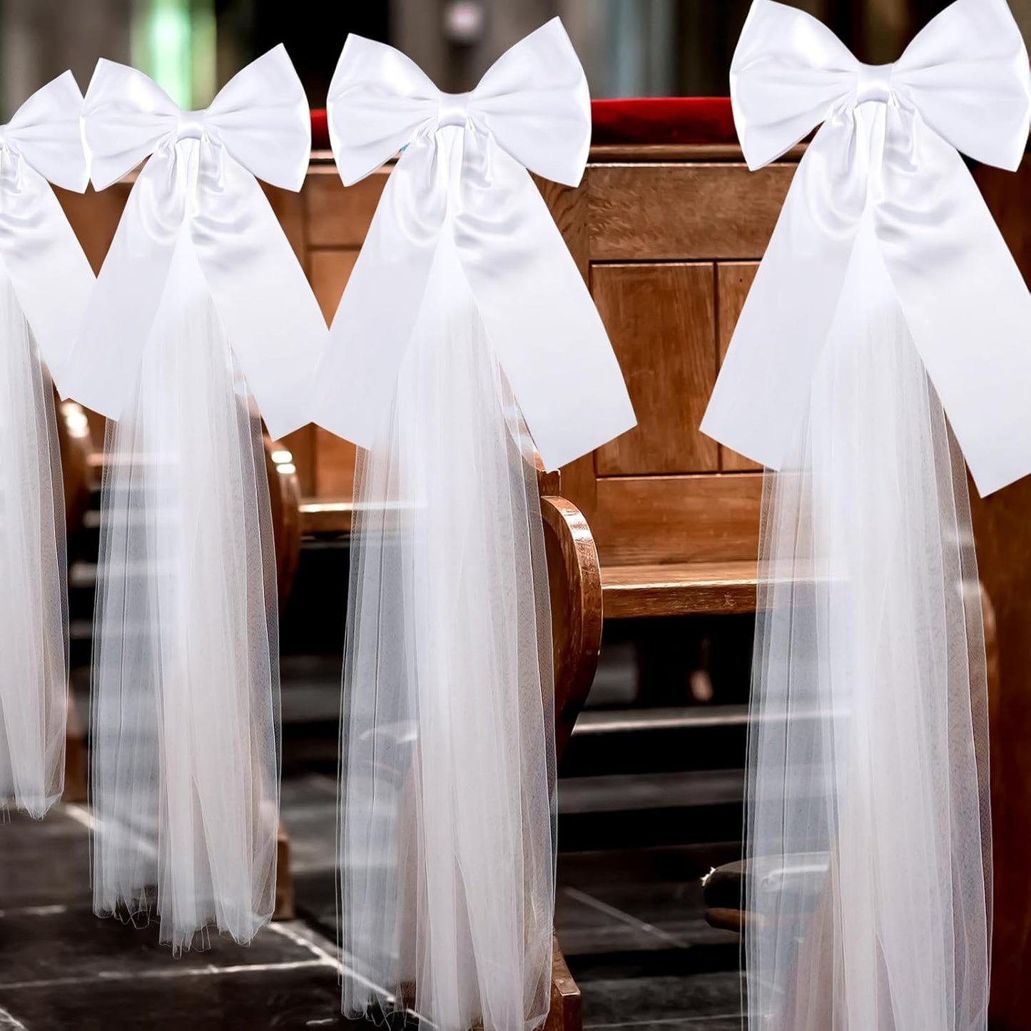 Skiennix 12 Pcs Large White Wedding Pew Bows - 15.7" x 7.9" Satin Decor with Tulle for Aisle & Events