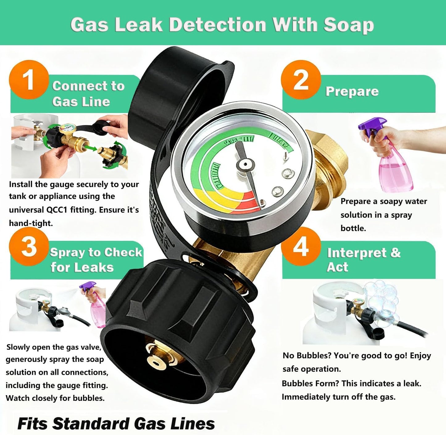 Propane Tank Gauge - Solid Brass Gas Pressure Meter | Easy Read Level Indicator for 5-40 LB Cylinders