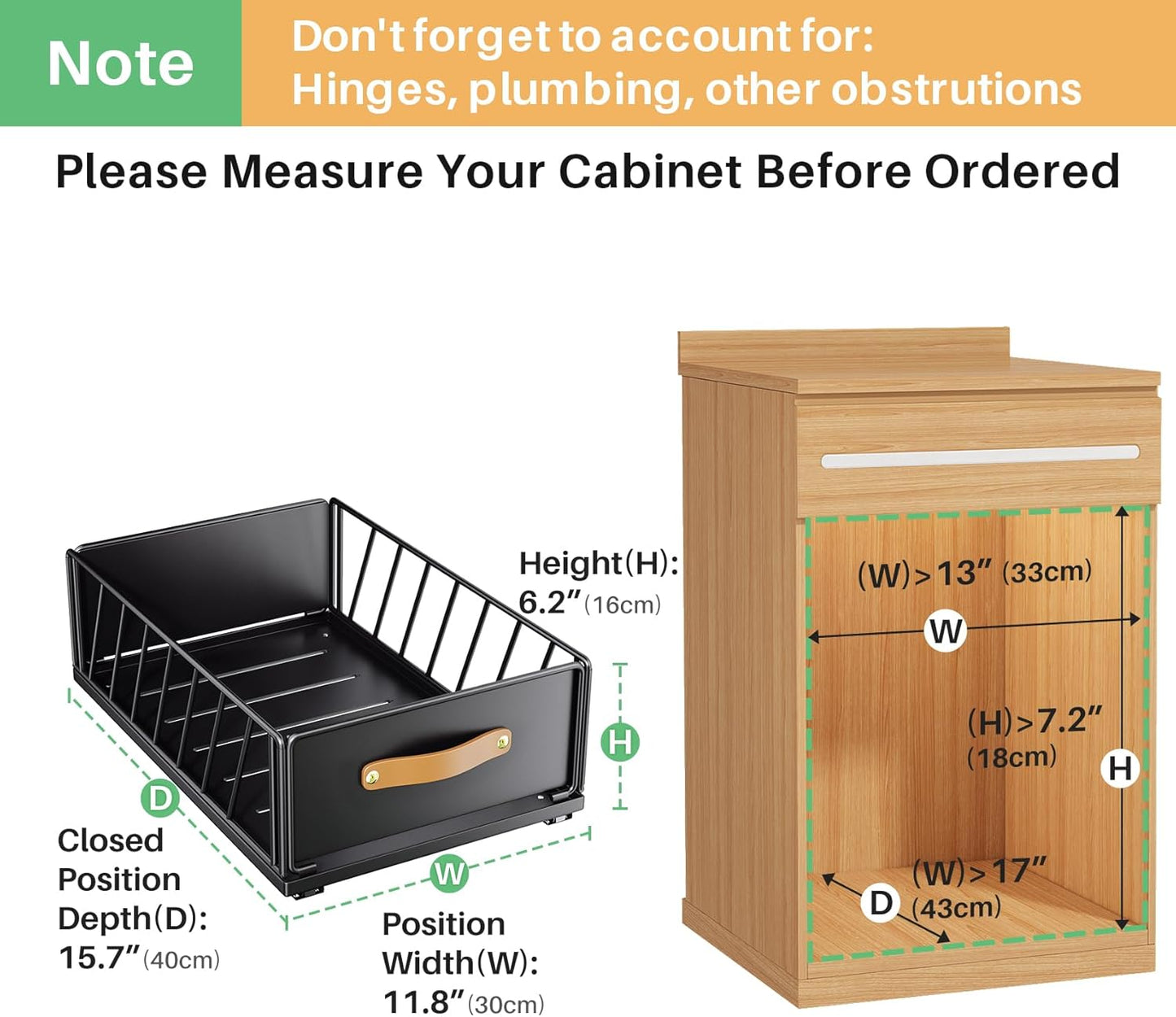 Skiennix Pull-Out Cabinet Organizer - Heavy-Duty Sliding Pantry Shelves with Handle | 11.8"W X 15.7"D X 6.2"H, Black