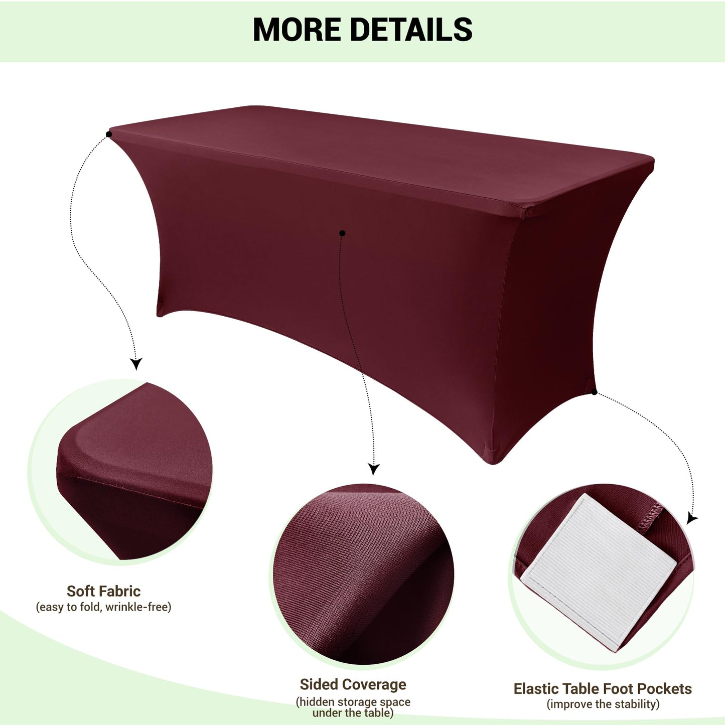 Obstal 8ft Stretch Spandex Table Cover for Standard Folding Tables - Universal Rectangular Fitted Tablecloth Protector for Party （Wine Red, 96 Length x 30 Width x 30 Height Inches）