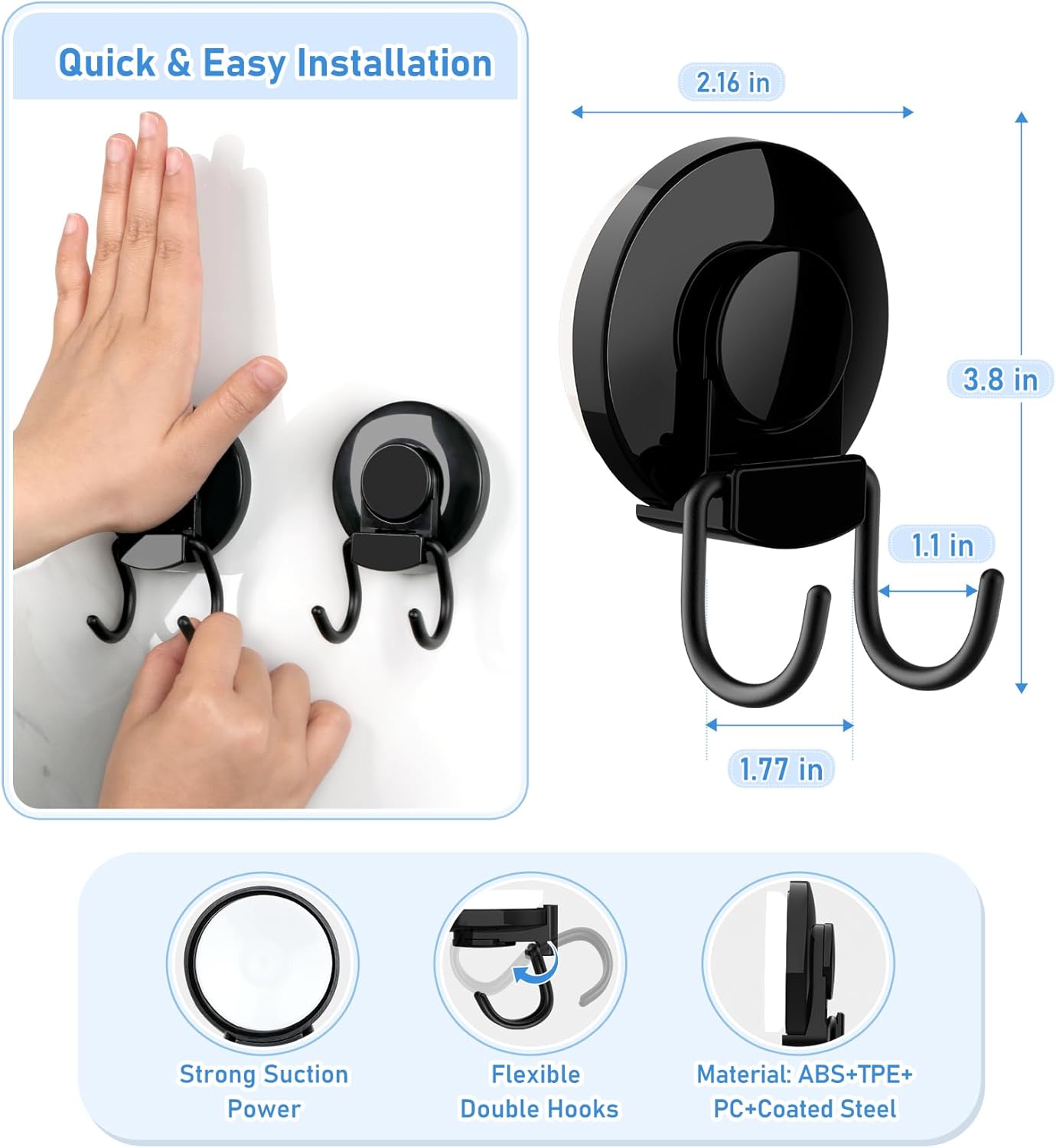 VIS'V Heavy Duty Shower Suction Cup Hooks - Removable & Reusable Double Hooks, Black | 2 Pack