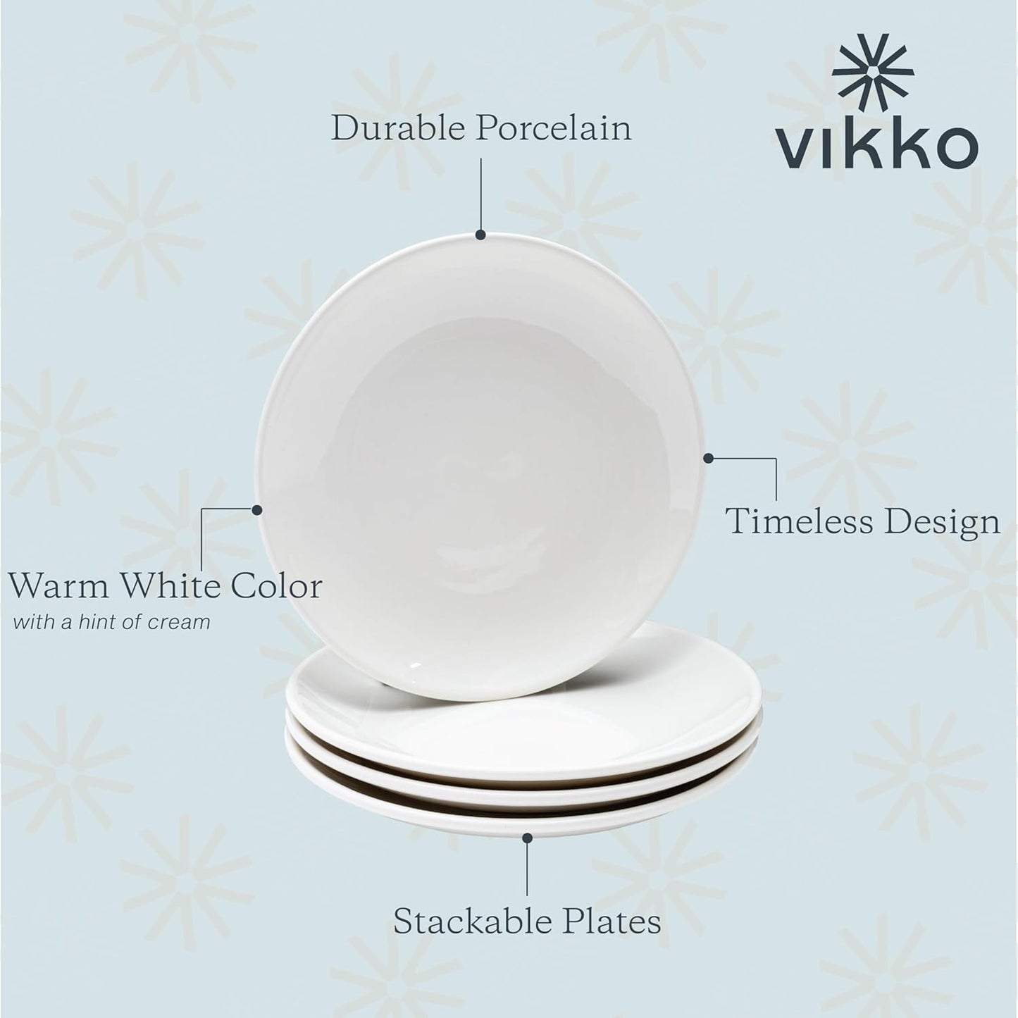 Vikko Appetizer Plates - Set of 4 White Ceramic Salad Plates | Stackable 8-Inch, Dishwasher Safe