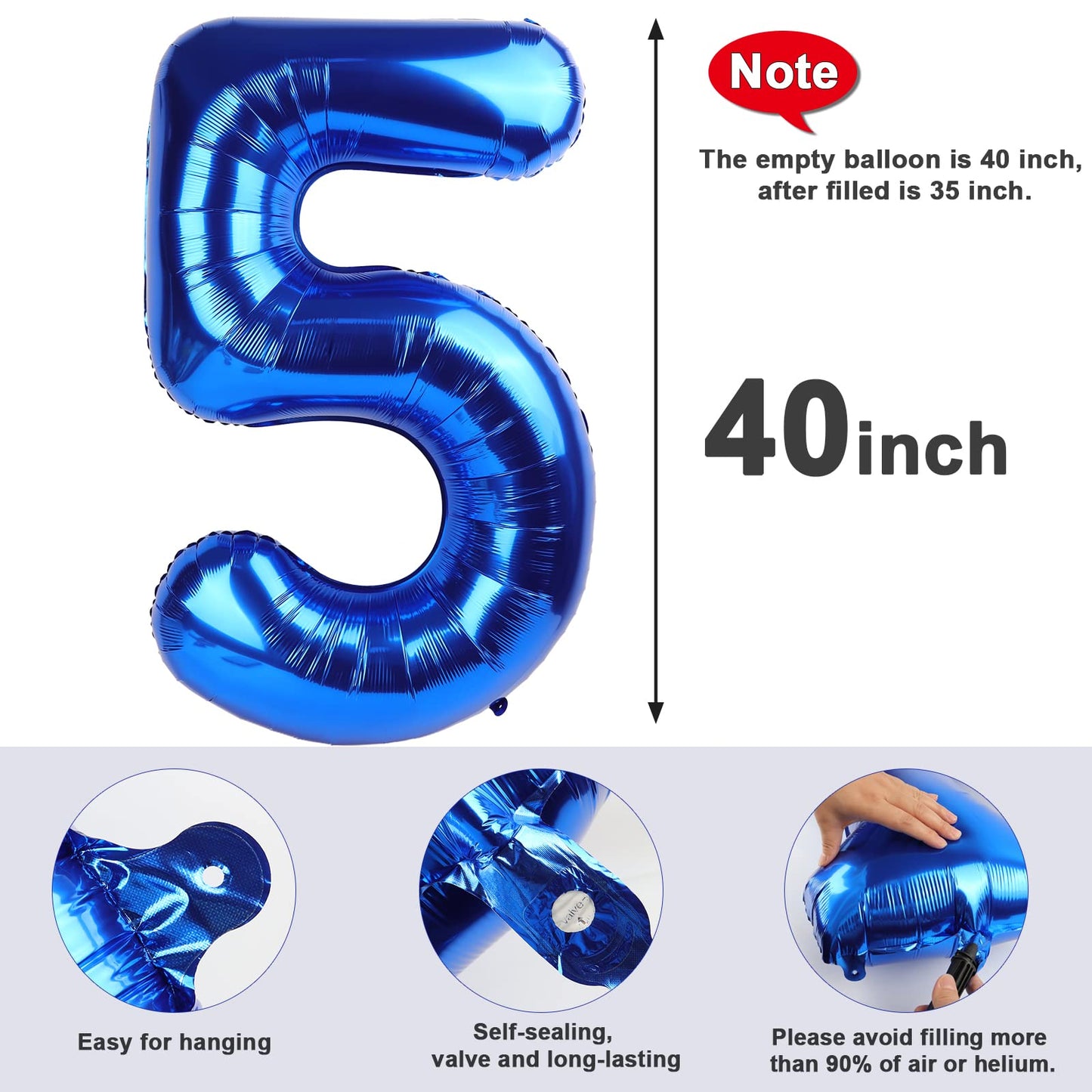 5 Balloon Numbers 40 Inch Blue Birthday Decorations for 5th Boys Girls, Self Inflating Big Navy Number Balloons for 15 25 35 50 Women Men Graduation Party Decor Supplies