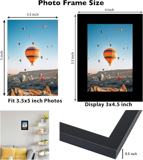JCJMY 3.5x5 Picture Frame - Black Wall & Tabletop Display with Shatter-Resistant Plexiglass