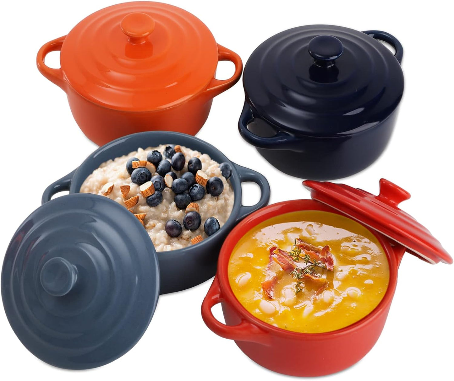 Jucoan 4 Pack Porcelain Ramekins - Oven Safe 8 oz Round Baking Dishes with Lids & Handles | 4 Colors