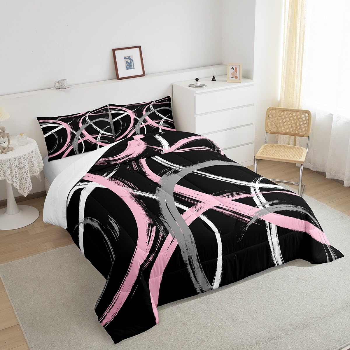 Feelyou Kids Pink Black White Geometric Comforter Set Queen Size Stripes Bedding Set for Boys Girls Teens Bedroom Decor Abstract Comforter Women Men Modern Duvet Set with 2 Pillow Case