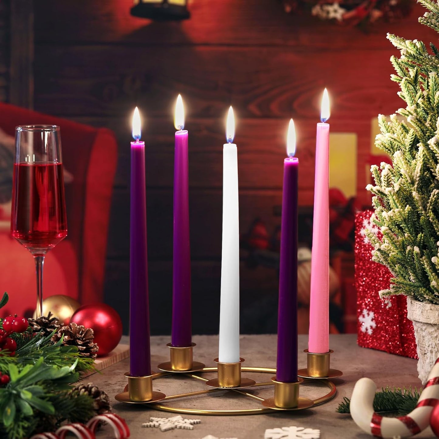 Newtay Christmas Advent Wreath - 5 Candle Holder Ring, 8.5 Inch Gold Metal Table Decoration