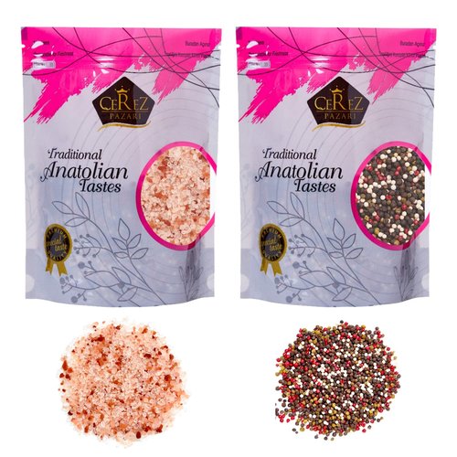 Cerez Pazari Rainbow Peppercorn Blend - Coarse Himalayan Pink Salt 2 lbs | Whole Black, Pink, Green, White Pepper