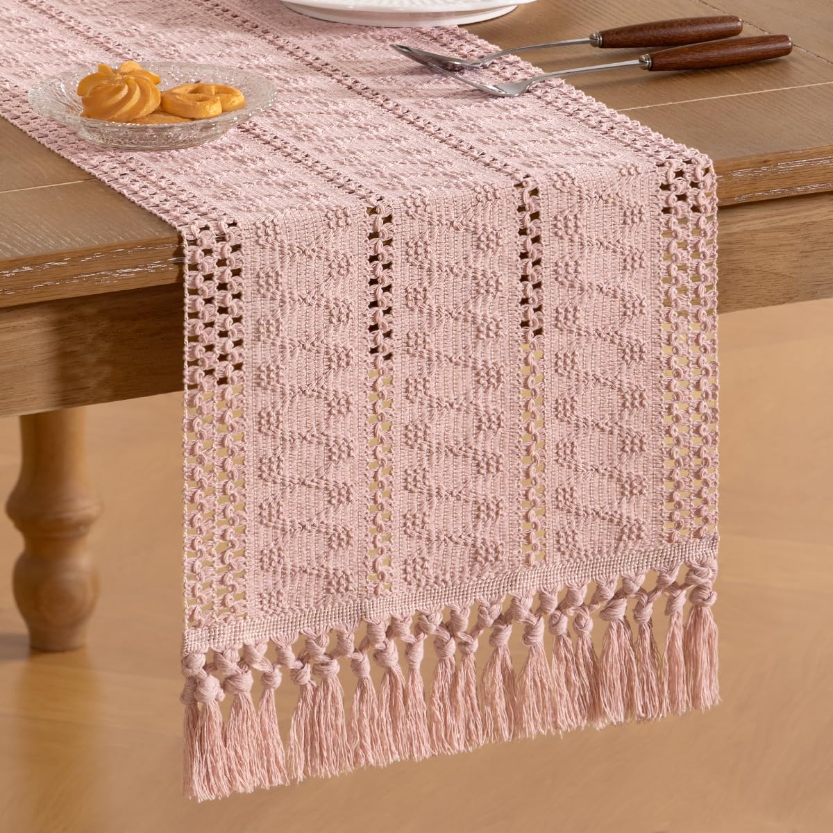 Socomi Boho Table Runner Summer Farmhouse Rustic Dining Kitchen Centerpiece Decor Long Macrame Woven Cotton Linen Coffee Table Runner for Dresser Scarf Home Decor 12x108 in Pink