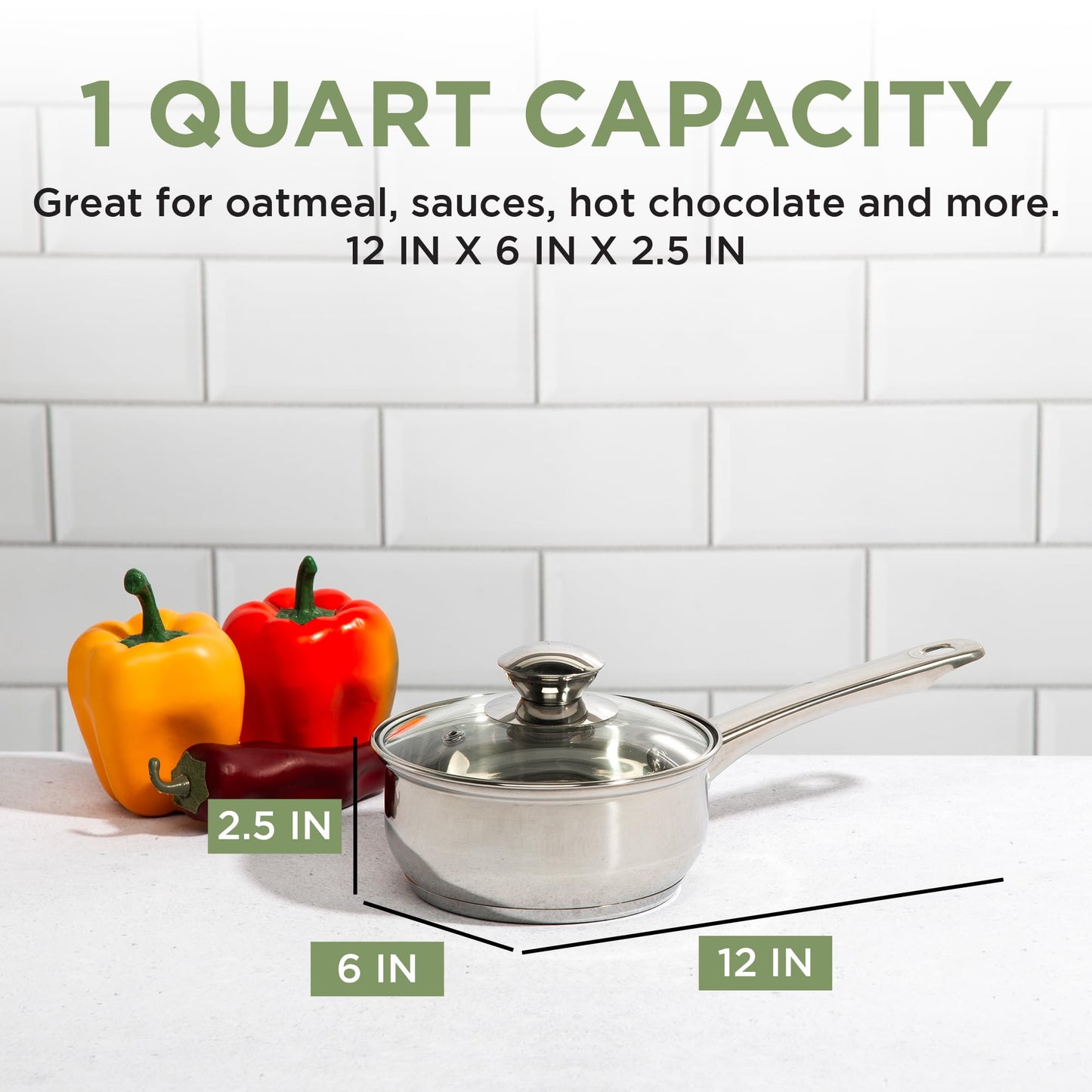 Ecolution Stainless Steel Sauce Pan, Encapsulated Induction Ready Cooking Pot with Glass Lid, Oven Safe, Dishwasher Safe Soup Pot, 1-Quart