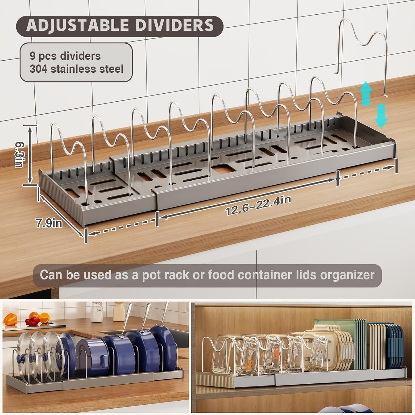 Magheo Expandable Food Storage Container Lid Organizers - 22" Under Cabinet Rack with 9 Adjustable Dividers (Gray)