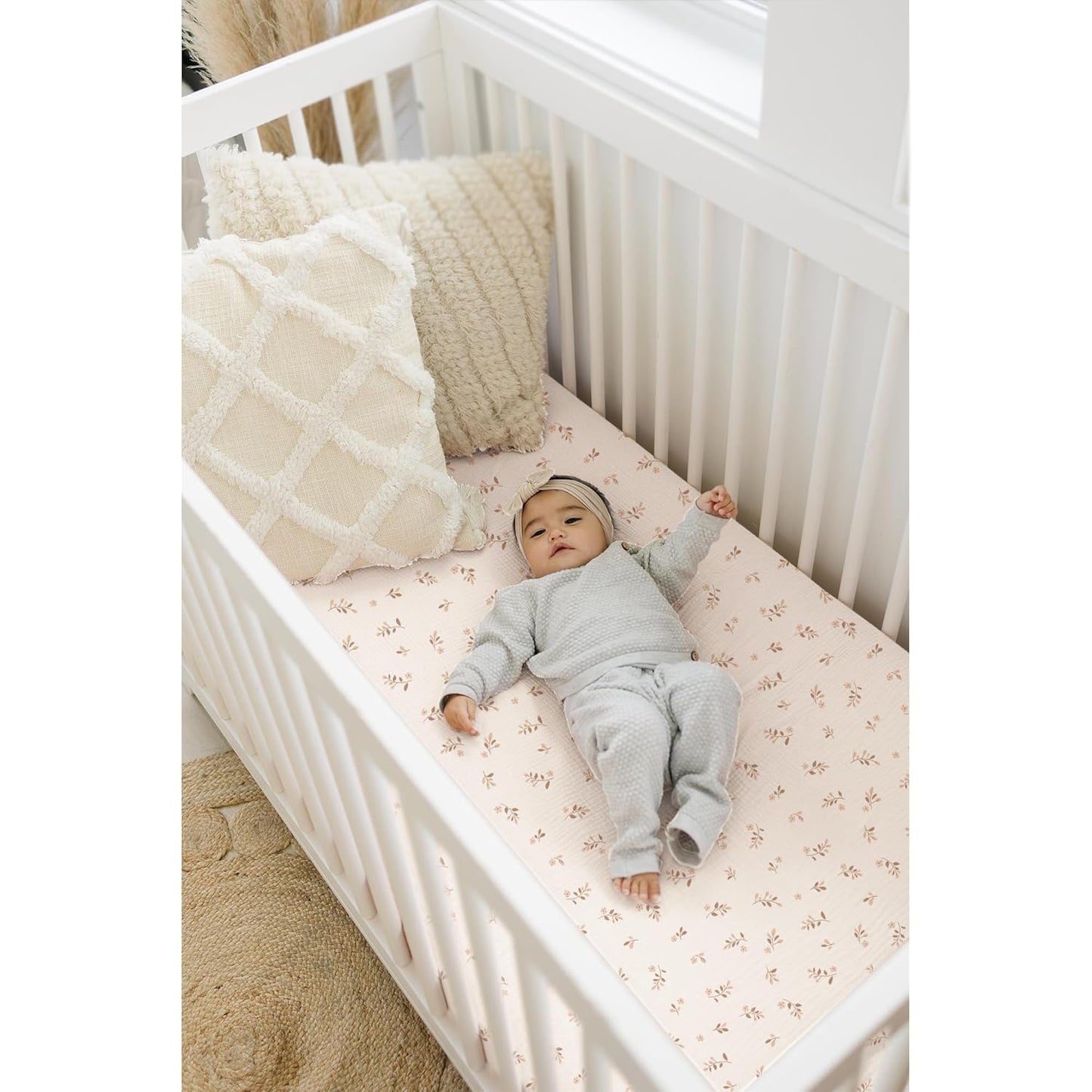 Konssy Muslin Crib Sheets - Soft & Breathable Cotton Baby Sheets for Standard Crib Mattress | 2 PCS (Pink Sun, Khaki Leaf)