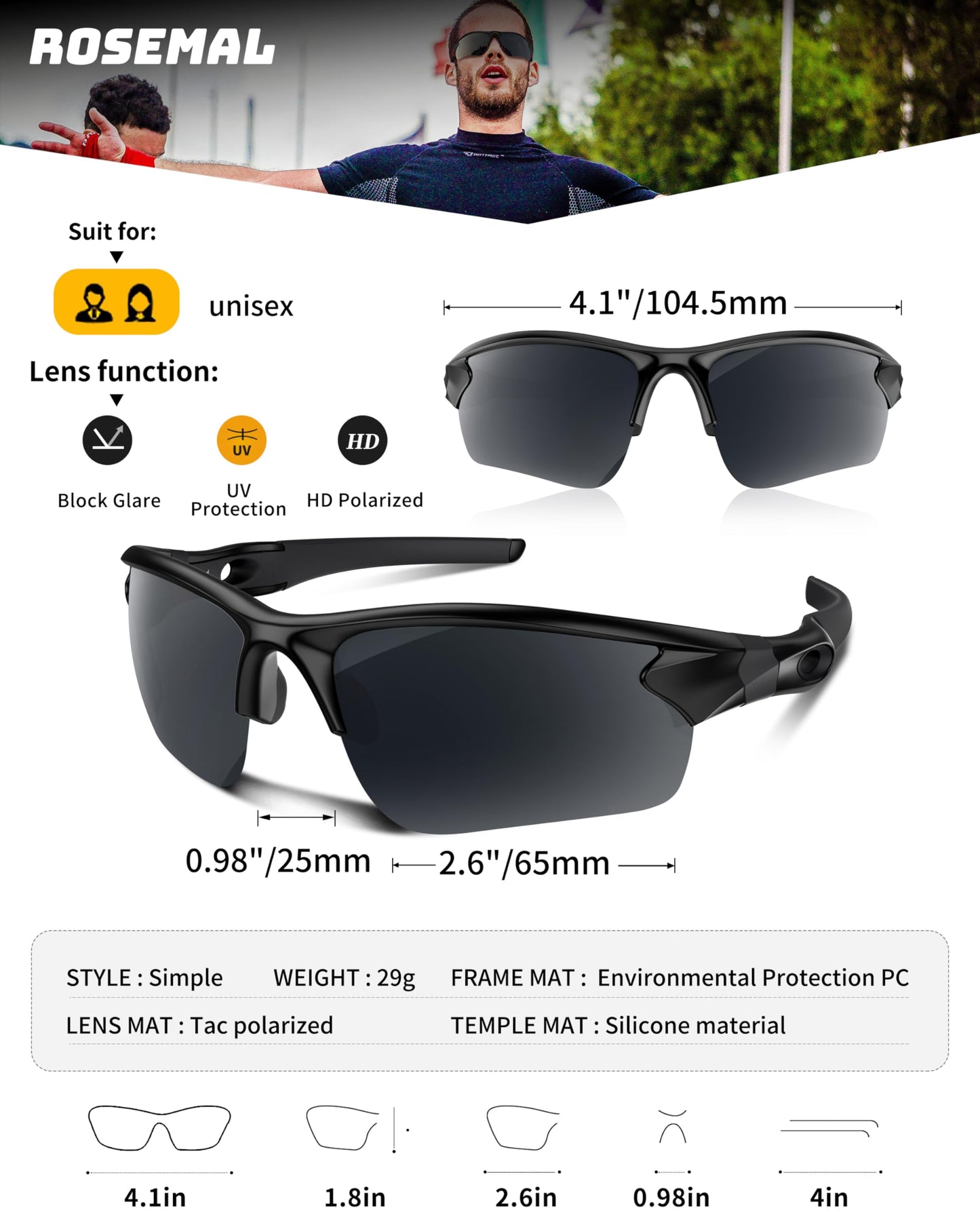 Rosemal Polarized Sunglasses for Men Women Running Sunglasses Sports Cycling Driving Fishing Baseball Golf TAC UV400 TR90