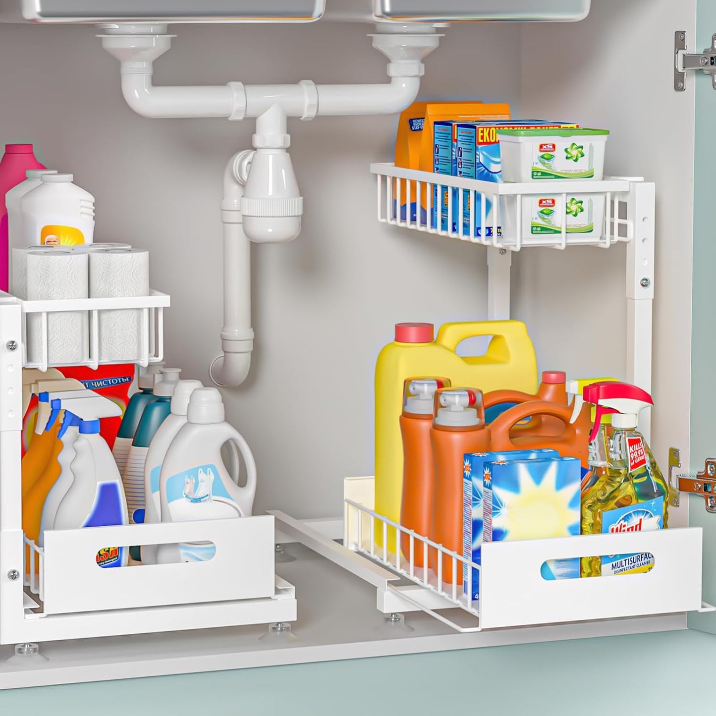 Under Sink Organizer by L-Shaped | 2-Pack 2-Tier Metal Storage with Sliding Drawer - Adjustable Height for Kitchen & Bathroom