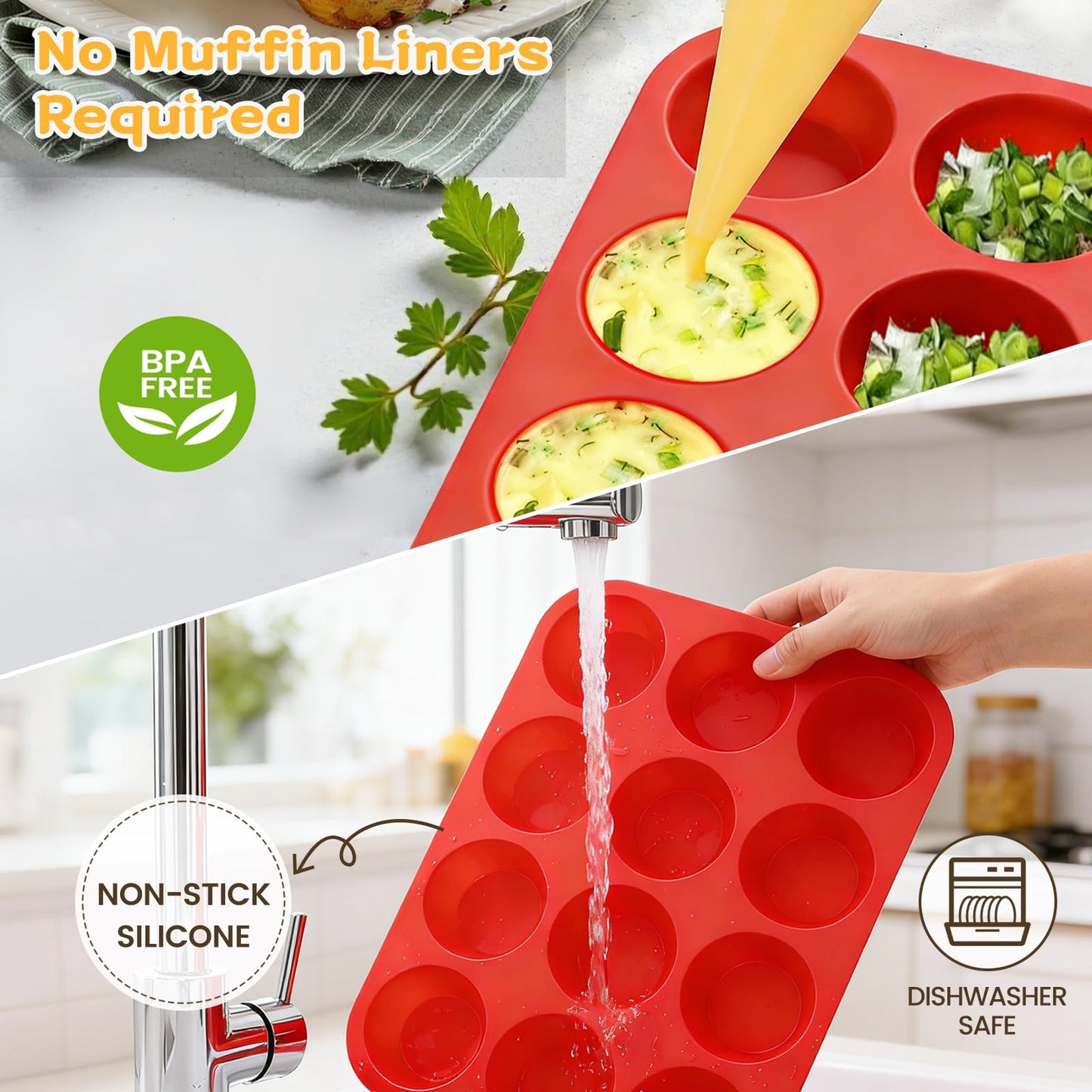 Silicone Muffin Pan, Mini Muffin Pan, Regular 12 Cups and Mini 24 Cups Cupcake Tin Set of 2 for Baking Egg Bites