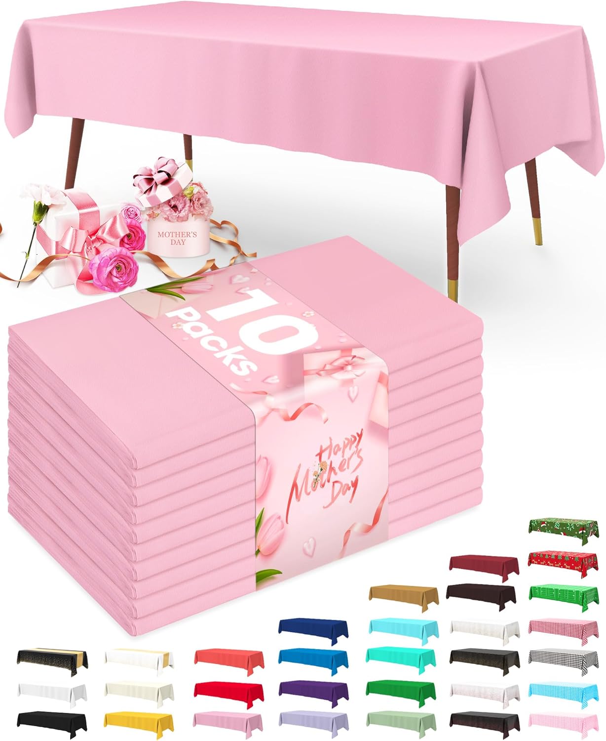Pureegg Disposable Plastic Tablecloths - 10 Pack, 54 x 108 Inch, Leakproof & Sturdy, Pink for Easter & Parties