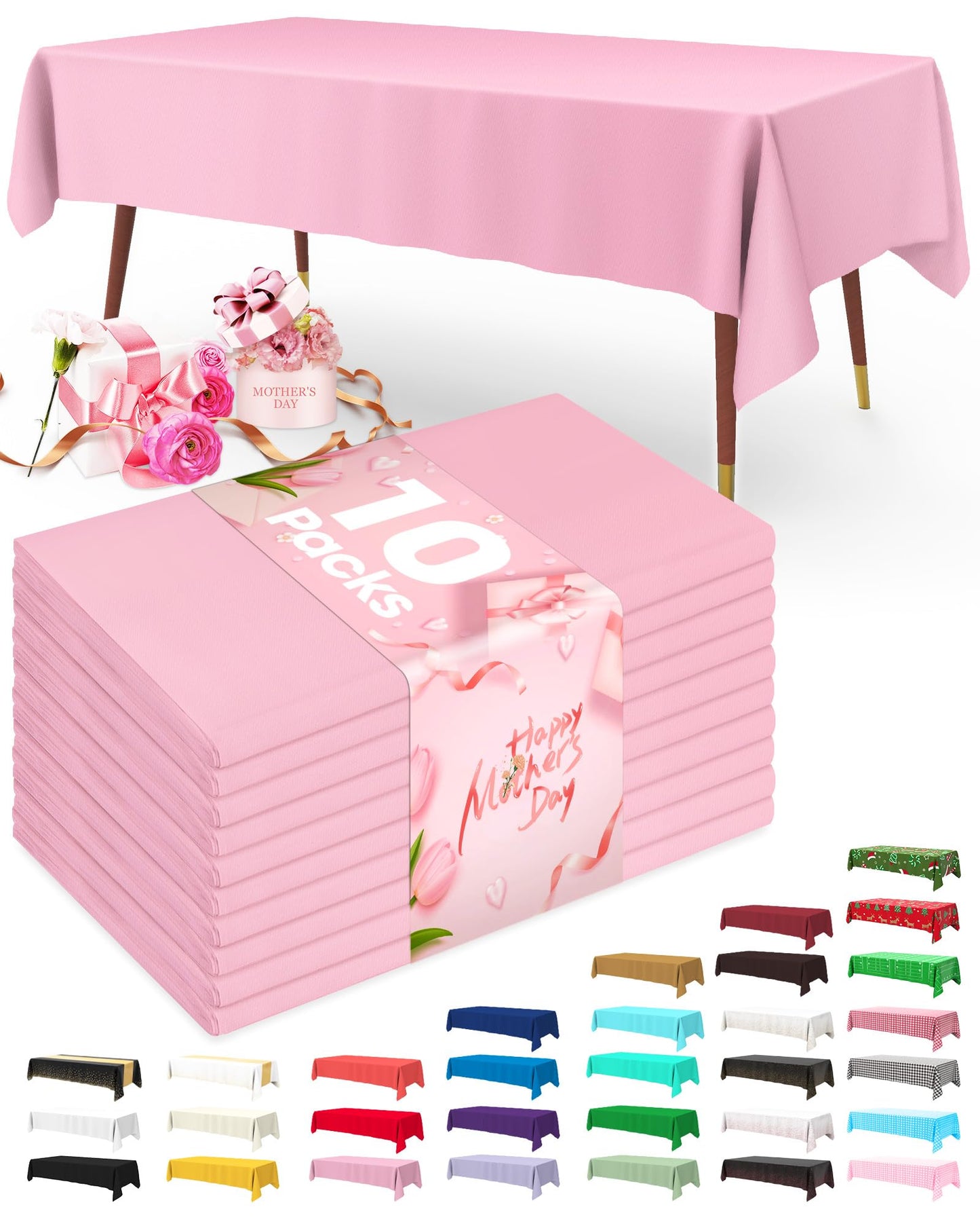 Pureegg Plastic Table Cloth Disposable 10 Pack, 54 x 108 Inch Table Cloths, Easter Party, Valentines, Mothers Day Decorations, Tablecloths, Rectangle, Pastel Plastic Cover, Leakproof & Sturdy, Pink