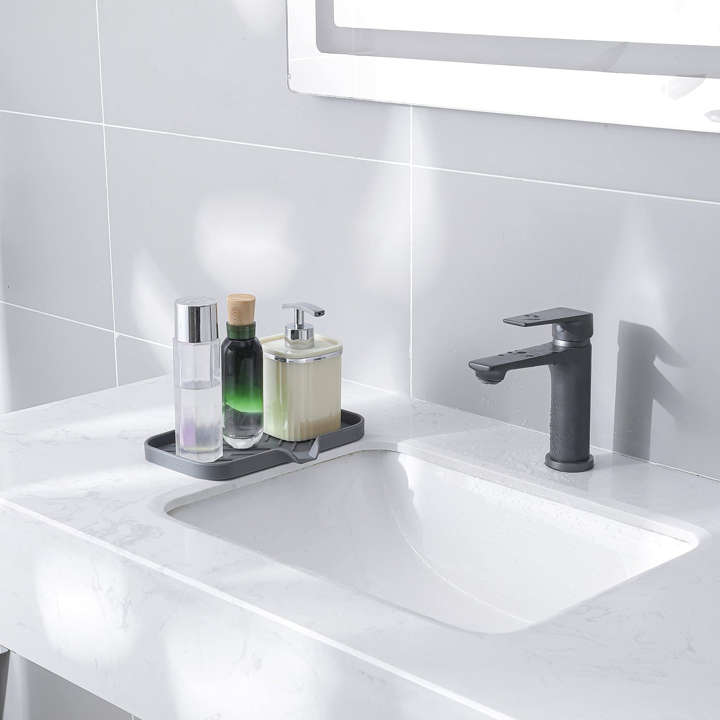 MicoYang Silicone Bathroom Soap Dishes with Drain Spout-Bathroom and Kitchen Sink Organizer,Sponge Holder,Dish Soap Tray,Perfect for Dispenser,Scrubber,Bottle,Cup on Sink or Counter-Grey 9.6"×5.3"
