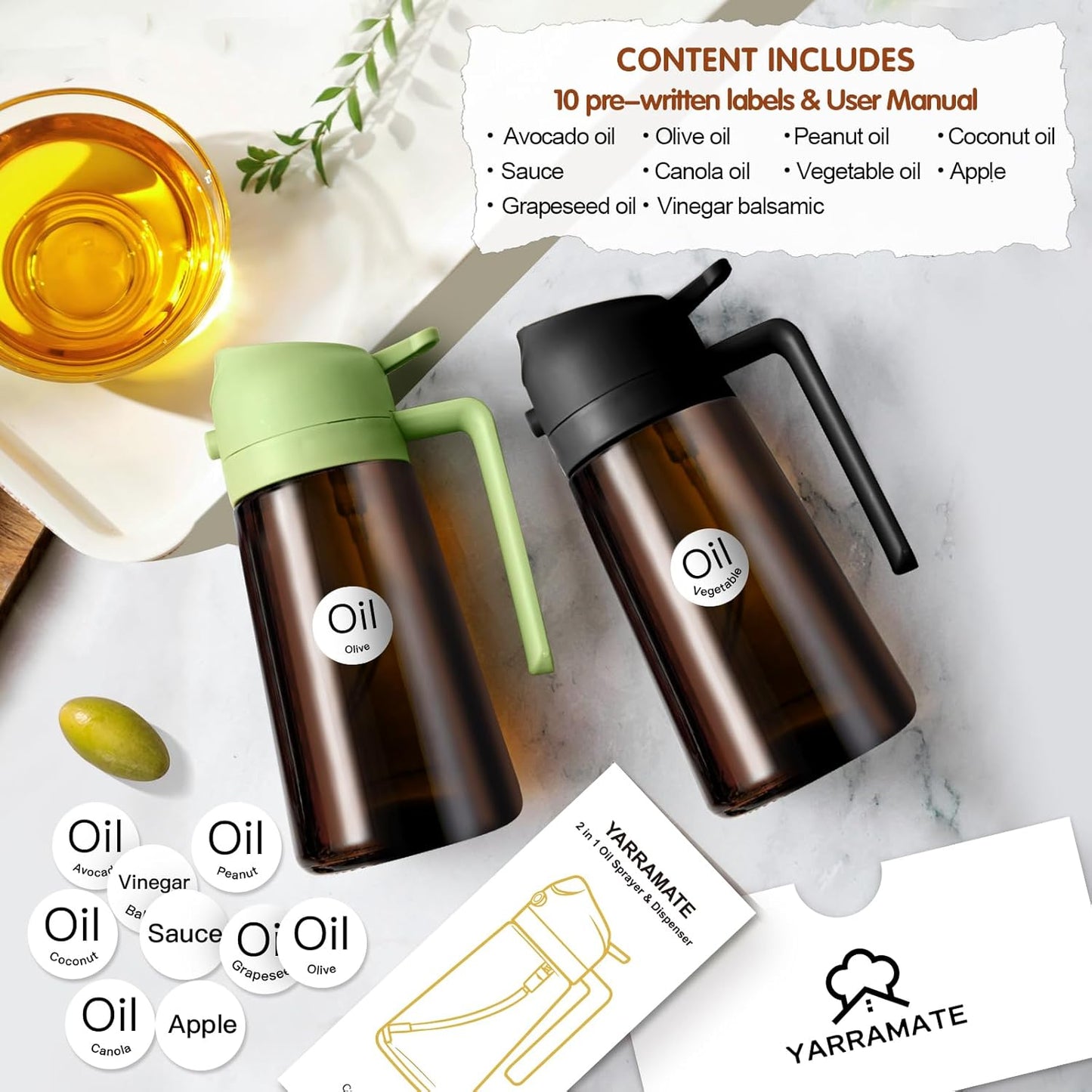 YARRAMATE Light Blocking Oil Sprayer - 16oz Food-Grade Olive Oil Dispenser Bottle | Premium Dark Amber Glass for Cooking & BBQ