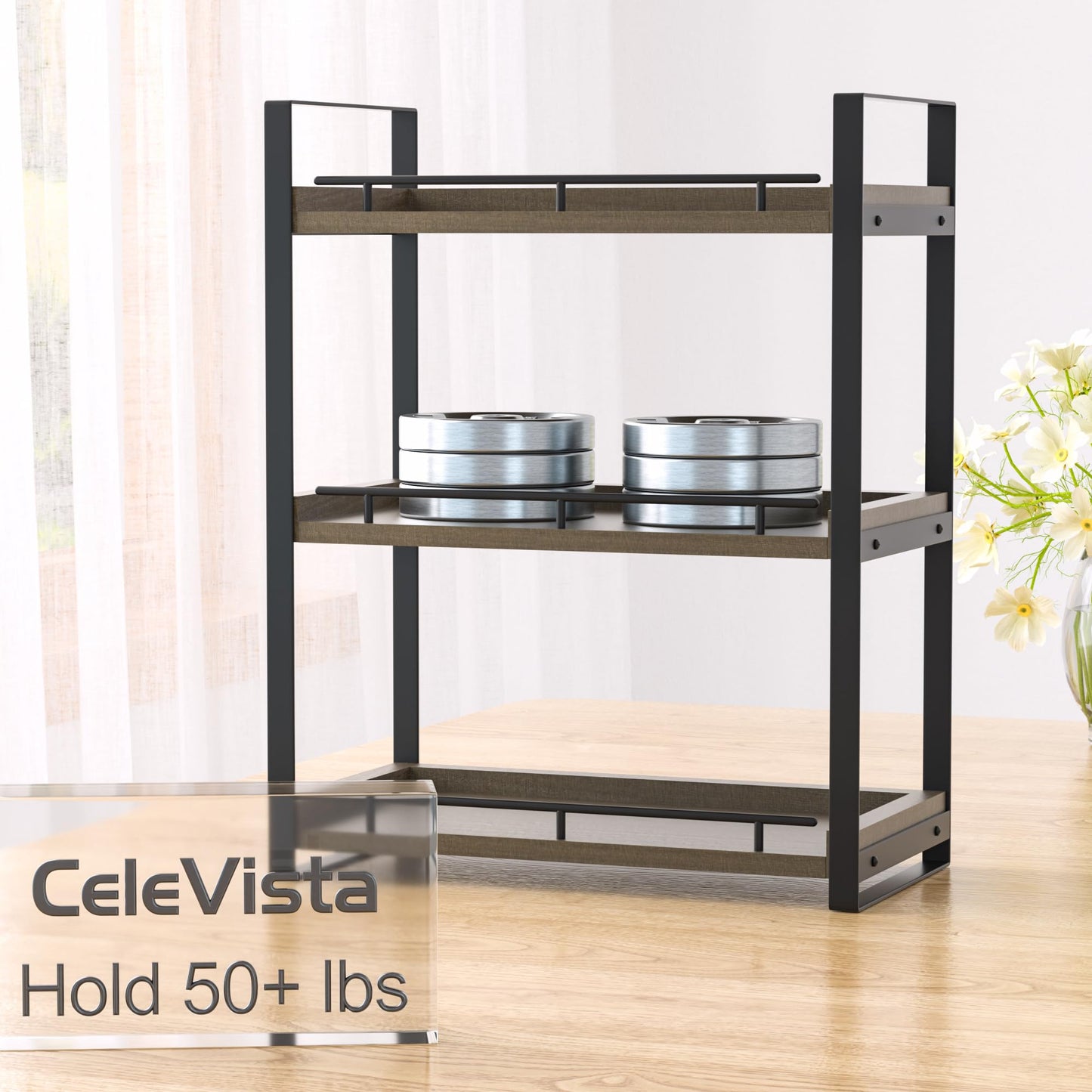 CeleVista Bathroom Counter Organizer, 3 Tier Wood Countertop Shelf for Vanity, Skincare, Makeup, Kitchen Coffee and Sink Storage, with Durable Metal Bracket (Dark Brown)