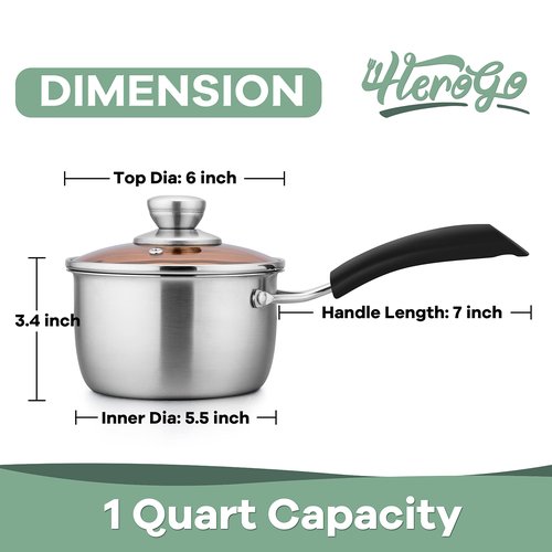 Herogo 1 Quart Saucepan with Lid, 18/10 Stainless Steel Small Sauce Pan Pot, 1Qt Saucepan for Gas Electric Stove Top Camping, Healthy & Rust Free