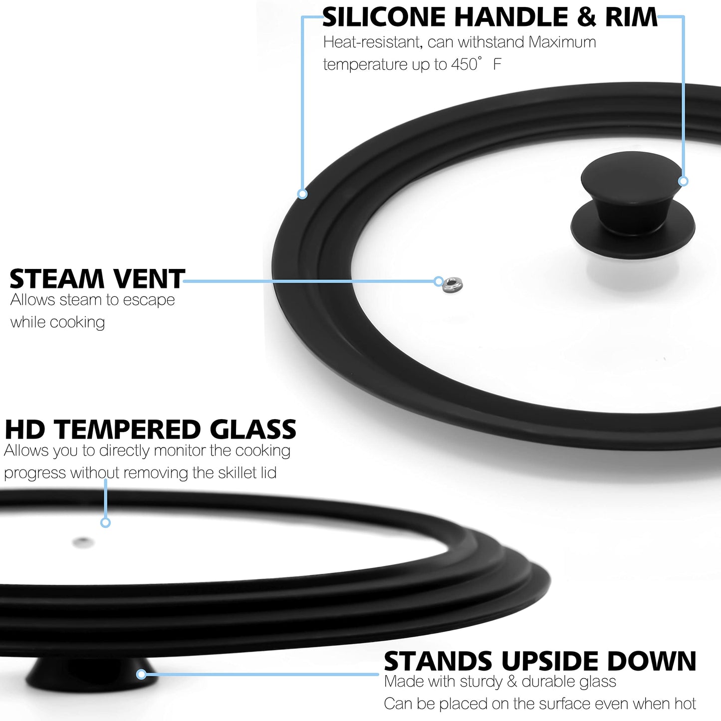 Anaeat Silicone Universal Lid for Pots, Pans and Skillets - Tempered Glass Covered with Heat Resistant Silicone Rim Fits 10", 11" and 12" Diameter Cookware -Easy to Use Replacement Frying Pan Cover