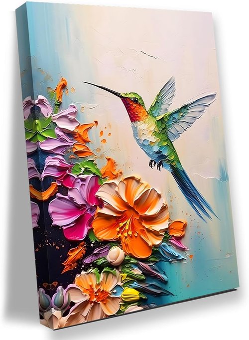 **Regine Switzerland Hummingbird Wall Art - Colorful Spring Flowers Canvas Print | 16x24 in Stretched Frame**