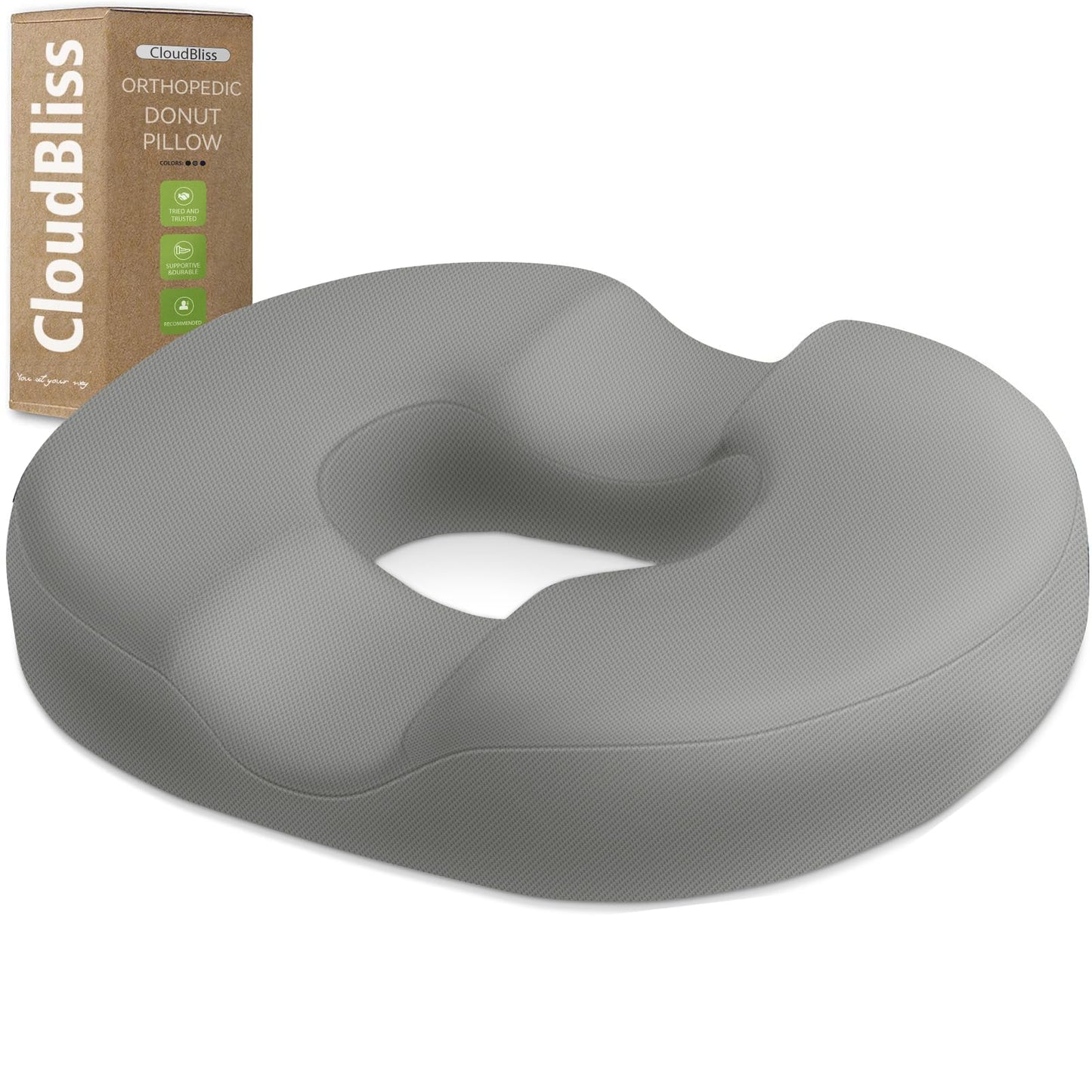 CloudBliss Donut Pillow Seat Cushion Chair Pad for Tailbone Pain Relief and Hemorrhoids, Memory Foam Seat Chair Cushion for Men and Women for Home & Office, (Light Grey-XL)