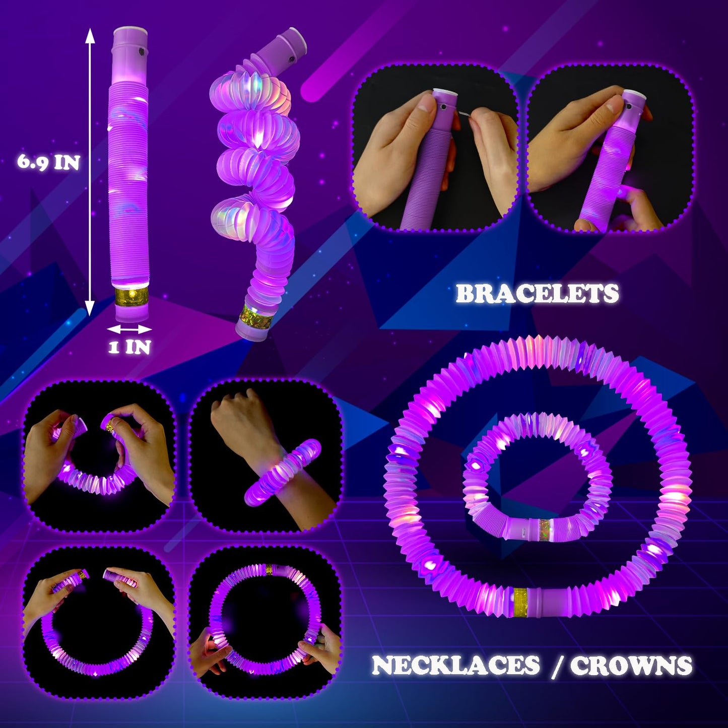 Purple Glow Sticks Pop Tubes,12-24PCS Light Up Necklaces & Bracelets,Mardi Gras Party Favors Accessories Decorations,Glow Birthday Wedding Carnival Valentines Day Party Supplies for Kids & Adults