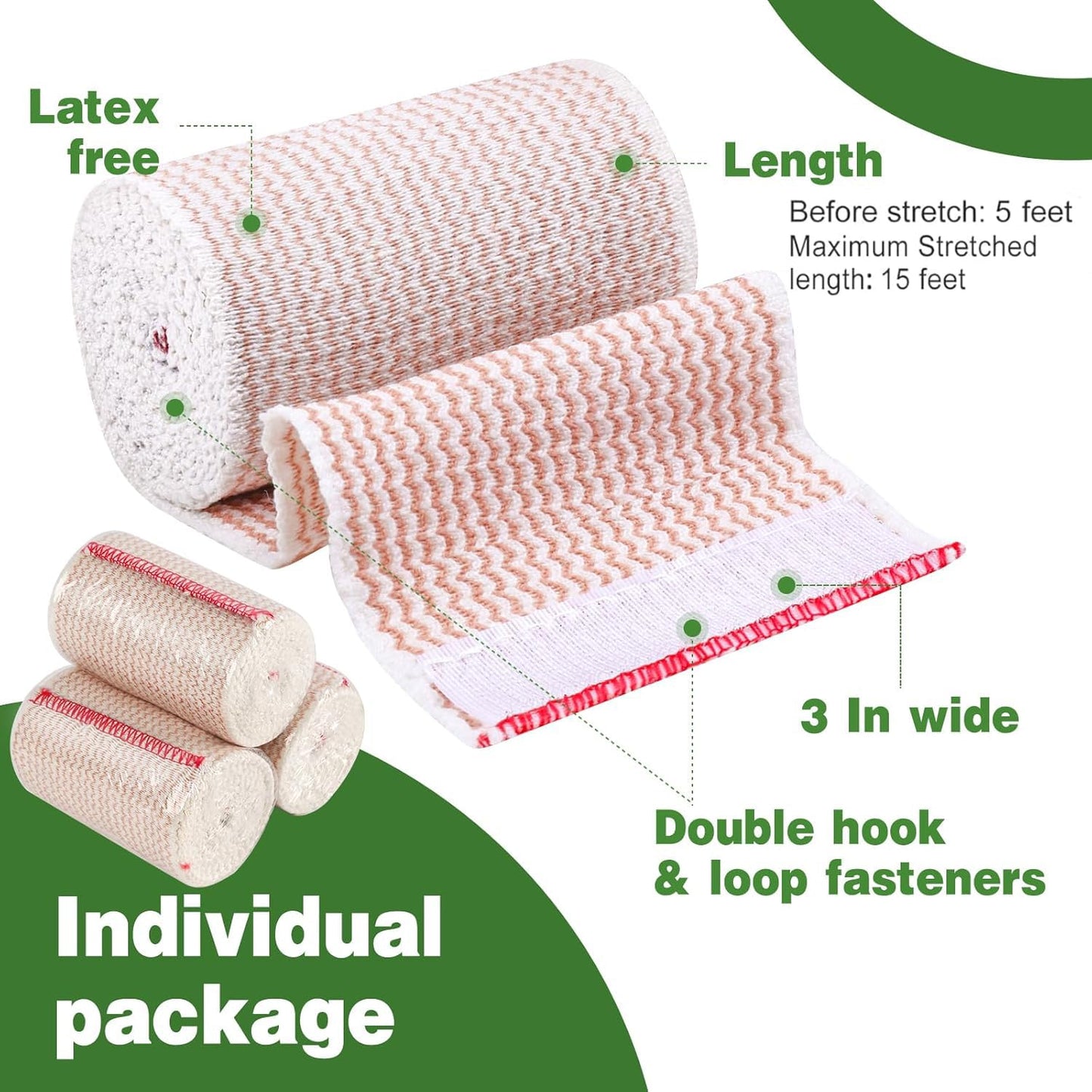 AZEN Premium 24 Pack Elastic Bandage Wrap 3 Inch, Compression Wrap Bandage for Legs, Lymphedema Wraps for Legs, Ankle, Knee, Tummy, Body