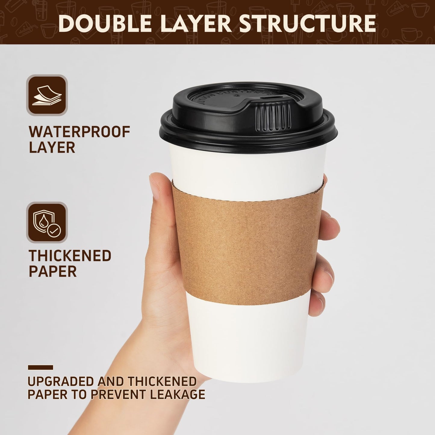 YEEHAW 16 oz 100 Pack Disposable Paper Coffee Cups with Lids & Sleeves, To Go Hot Cups for Coffee, Hot Beverage Drinking Cup, Ideal for Cafes, Bistros