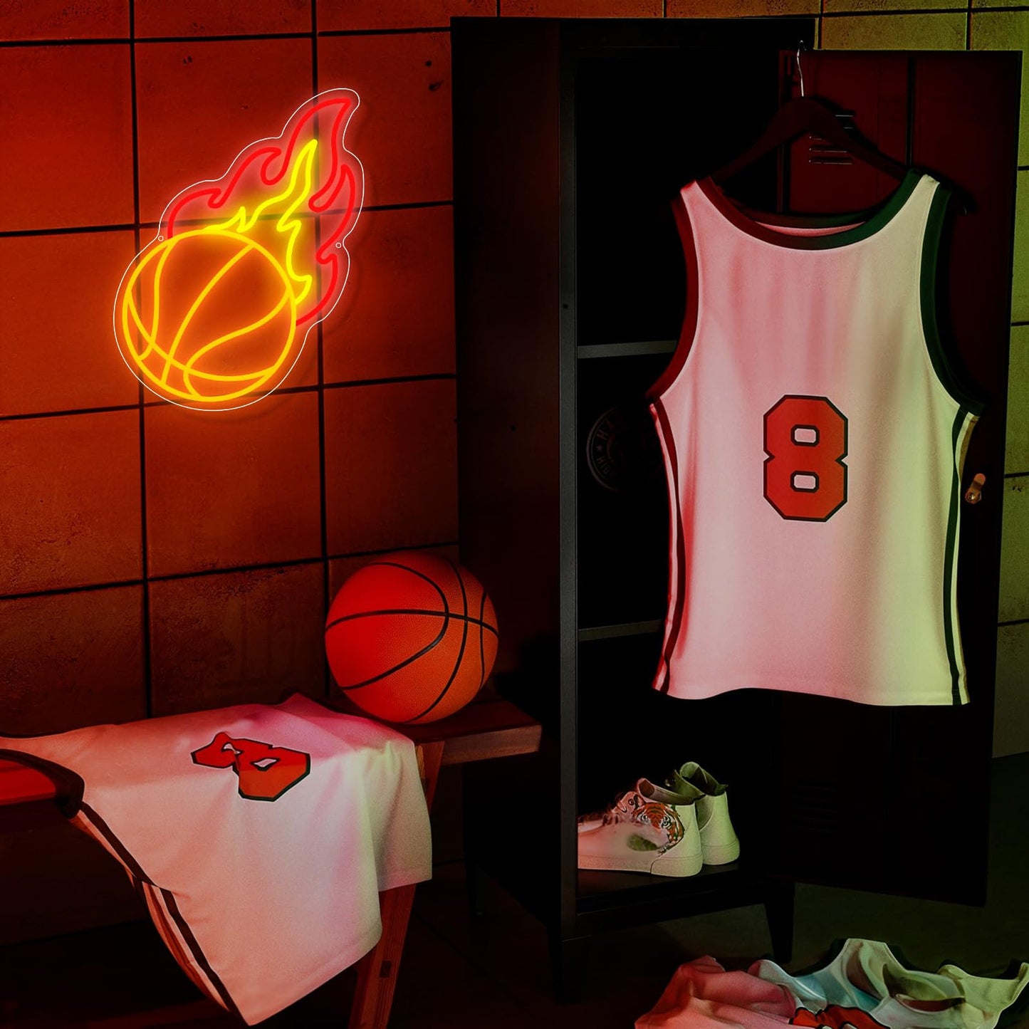 Basketball Neon Sign, Orange Red Yellow Basketball Fire Led Sign for Boys Bedroom Wall Decor, Dimmable Basketball Flame Light Up Sign for Man Cave Kids Gift Sports Fans Birthday Party Room Decoration