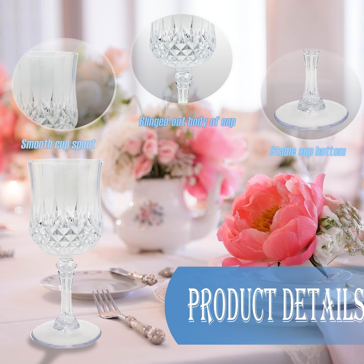 Veiuwa 24 PCS Plastic Wine Glasses Clear,Reusable Plastic Wine Glasses,White Goblet Glass,Durable and Sturdy Cups Can Be Ssed for Various Parties Such as Weddings!